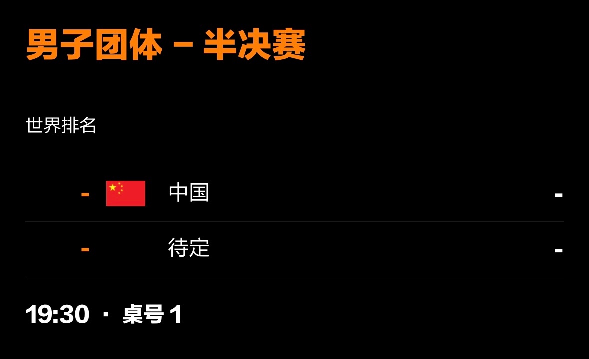 中国男团vs韩国 世乒赛半决赛北京时间 5.10 2:30   对手待定继续加油