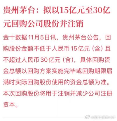 贵州茅台:拟以15亿元至30亿元回购公司股份并注销茅台终于出实质性利好。可以的，