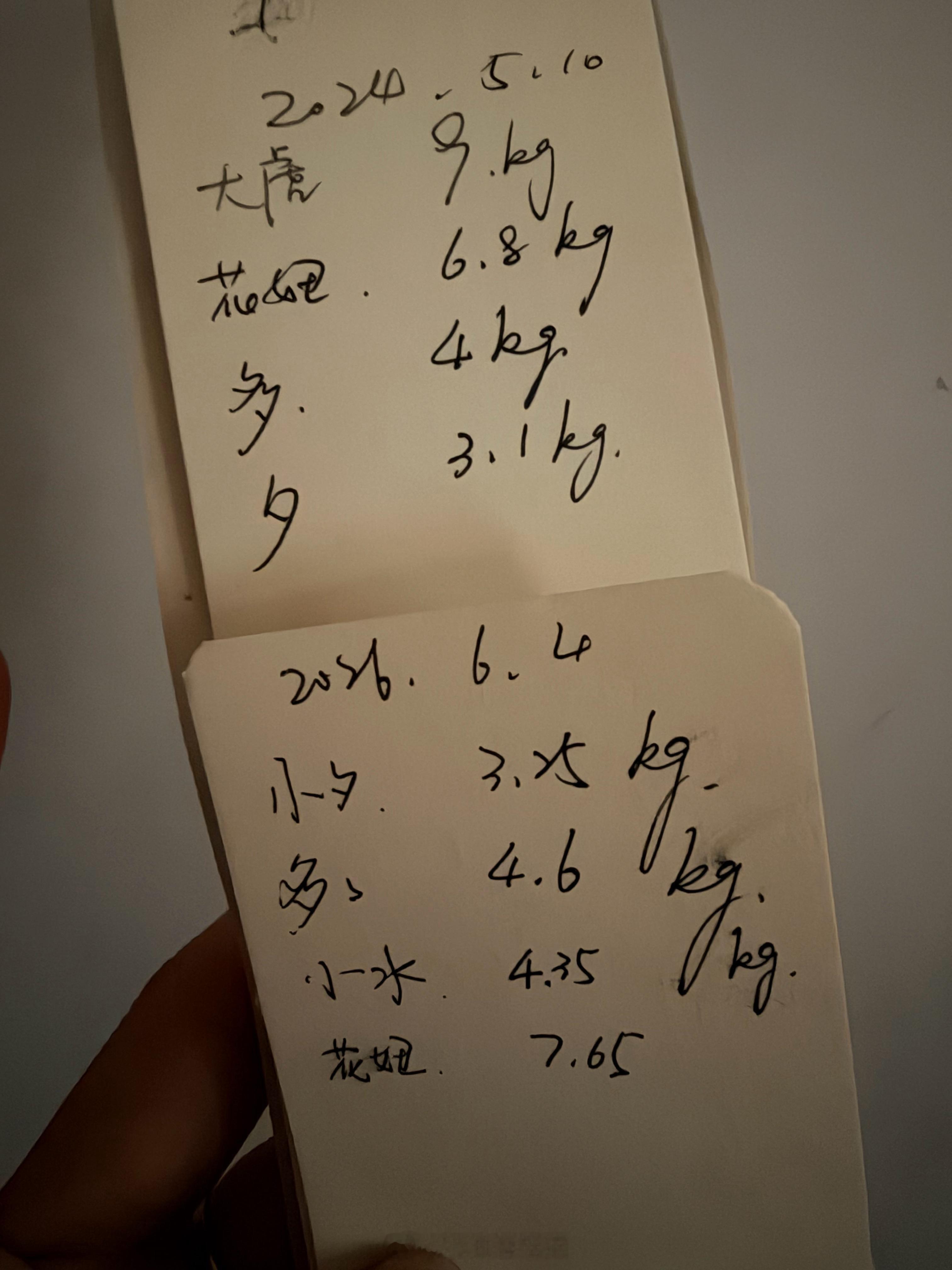 今天突然想起来给猫子们称称体重….竟然翻到了之前的一次记录，唉（猫咪体重应该定期