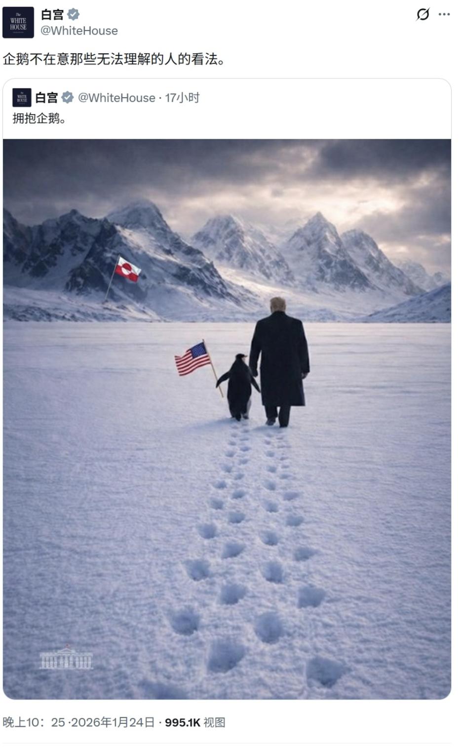 玩梗还得是国家队。

图一，是白宫自己发的。为什么牵的是企鹅？网友觉得是，牵北极