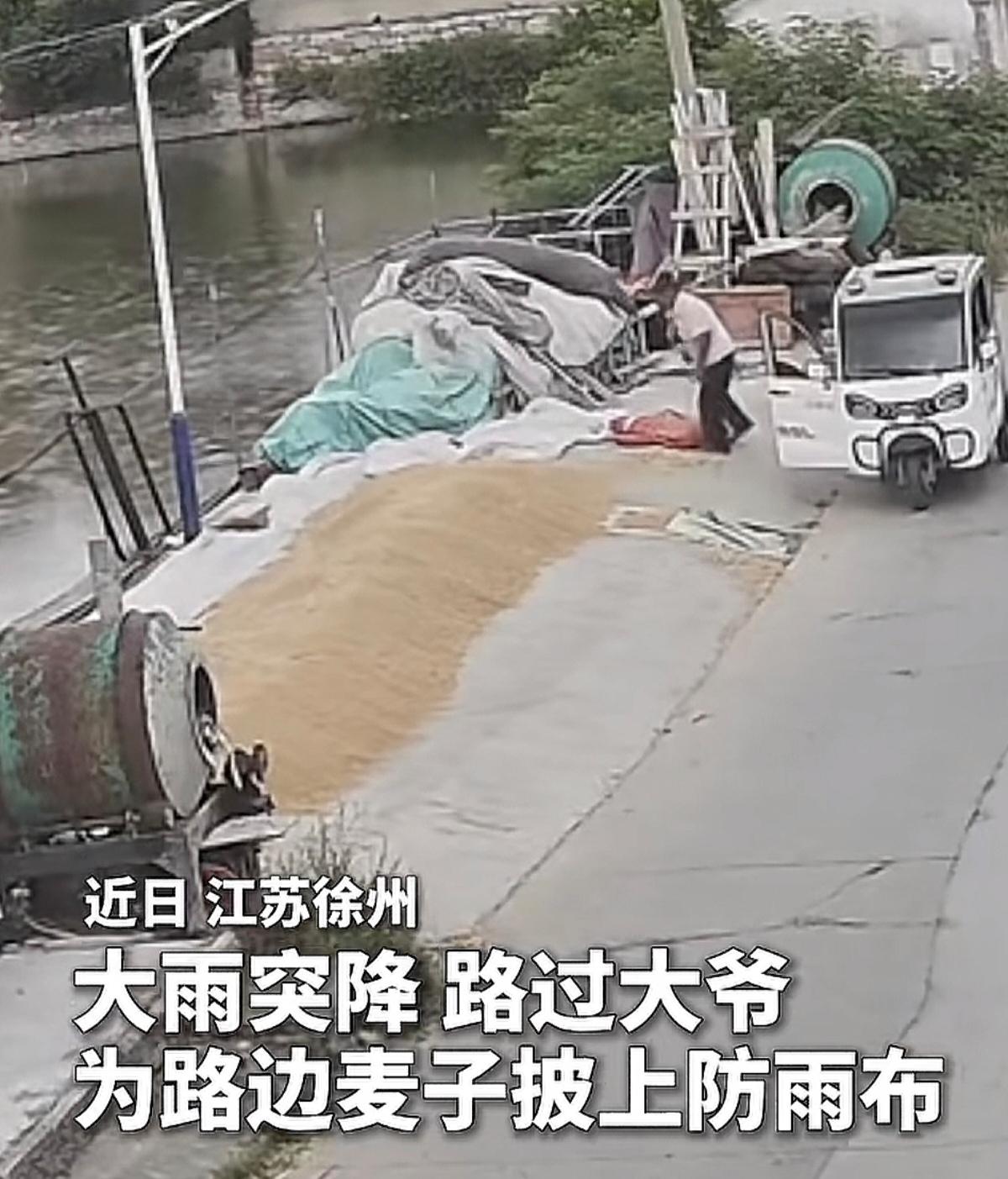 农户赶回家心都凉了，监控一看，陌生大爷正给麦子盖布！

69岁的陈大爷那天下午开