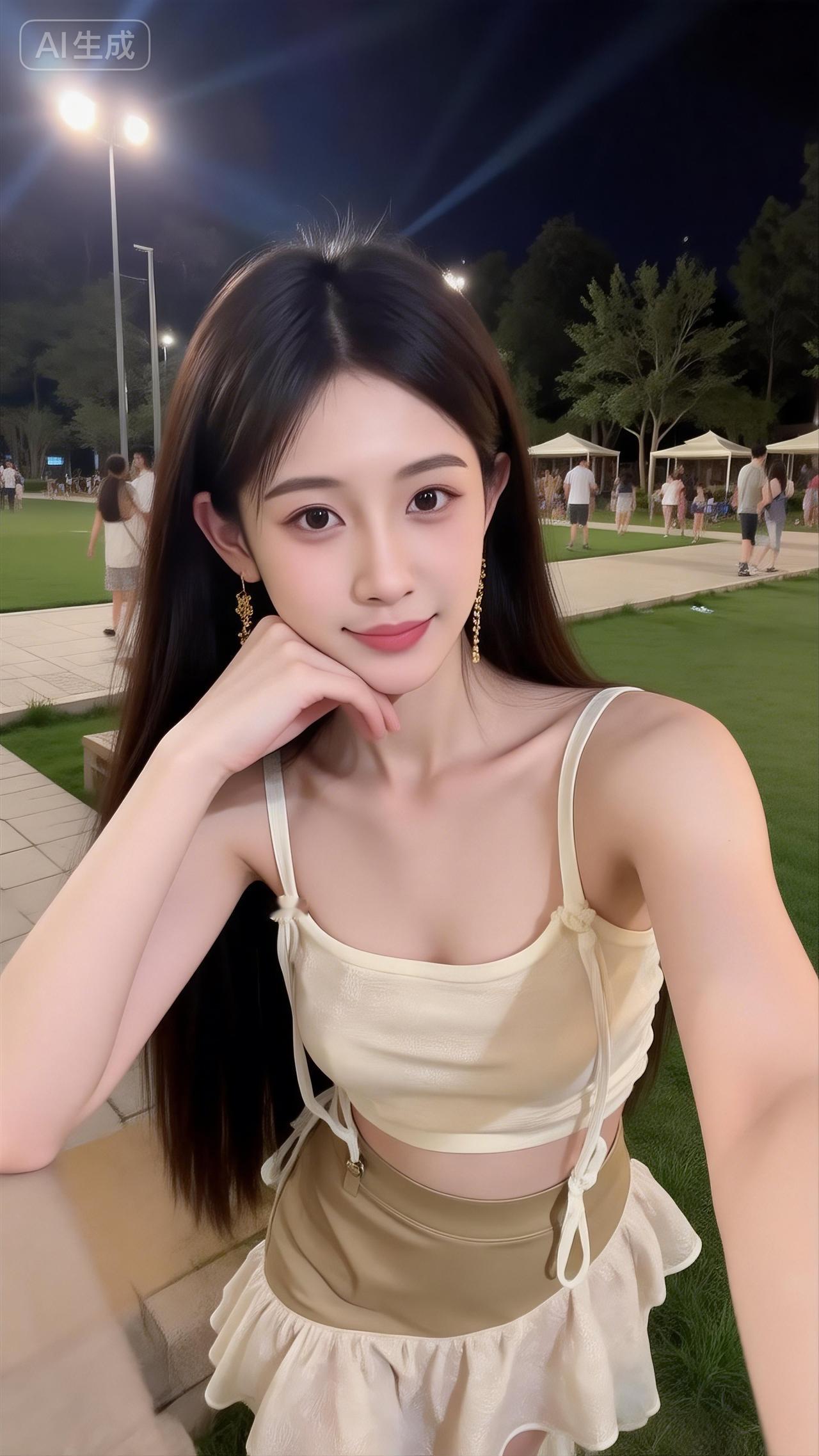 夏夜草坪上的氛围感甜妹
 
奶黄吊带+杏色蕾丝裙，温柔又带点小精致~长耳坠衬得脖