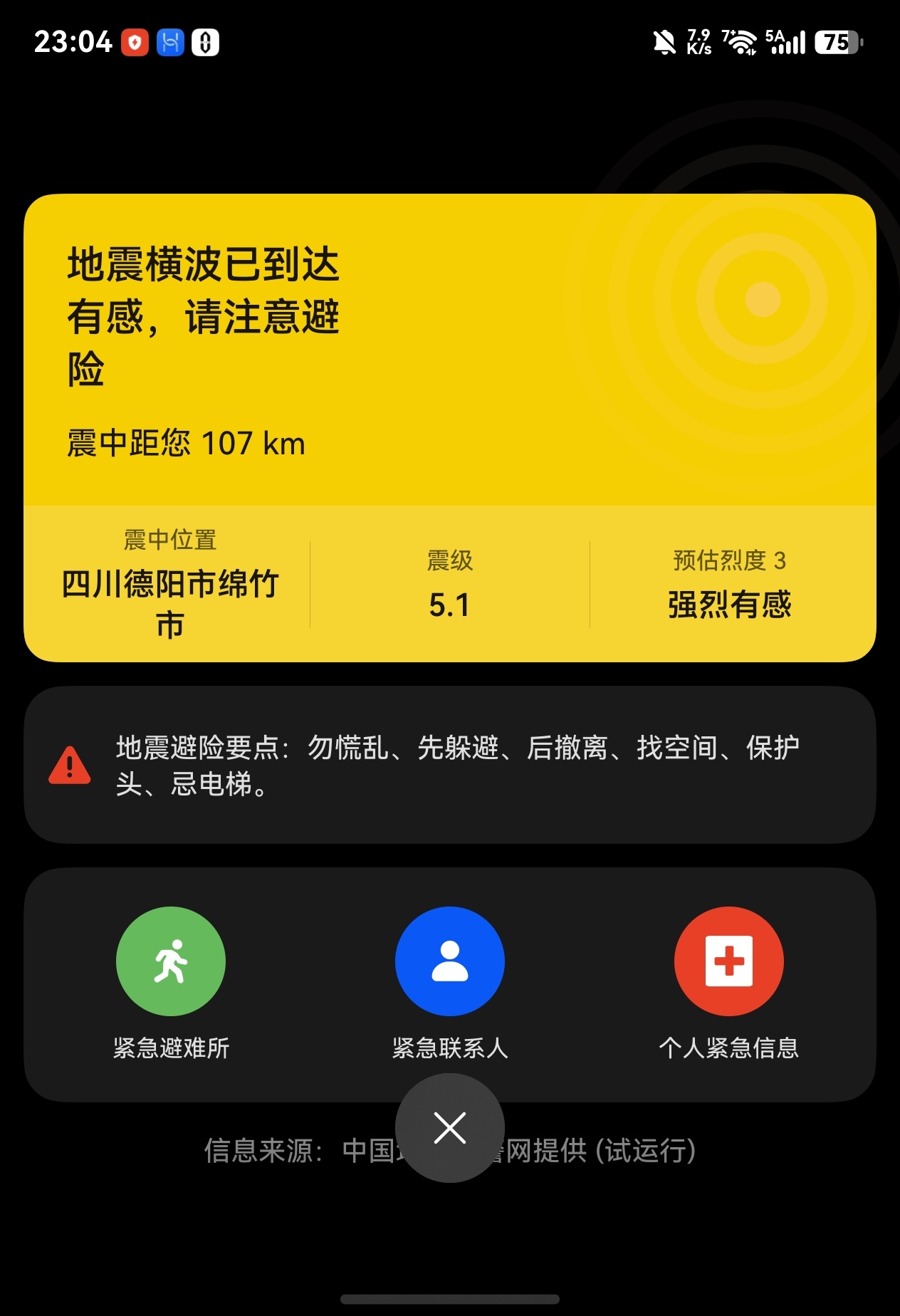 刚刚绵竹5.1级地震！我正好拿着手机，看着倒计时，瞬间开晃，成都震感好明显，我家