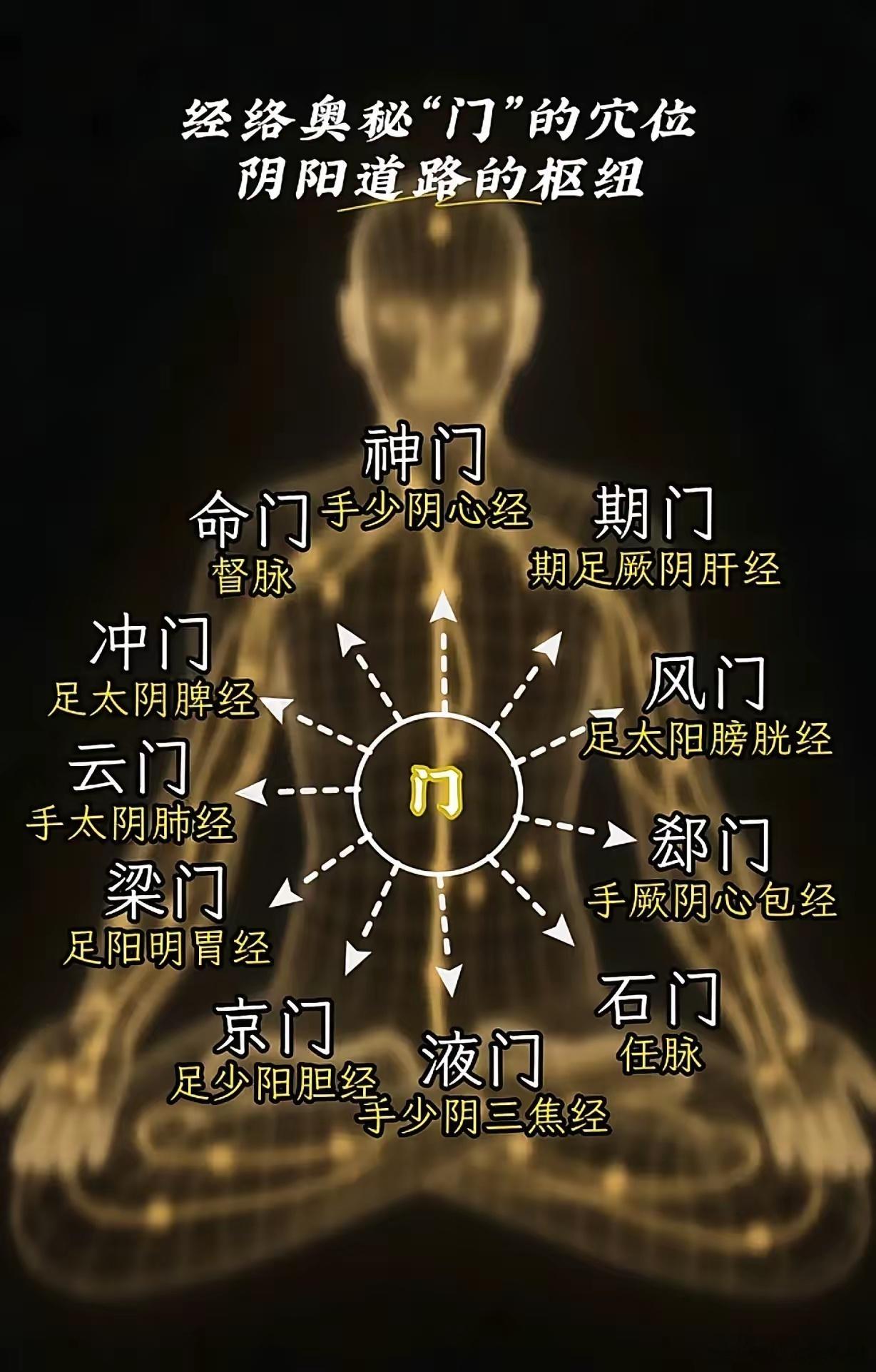 人体门户谣十二重门通幽深，阴阳道路此中寻。  期门迎风肝木立，云门涌津肺气沉。 
