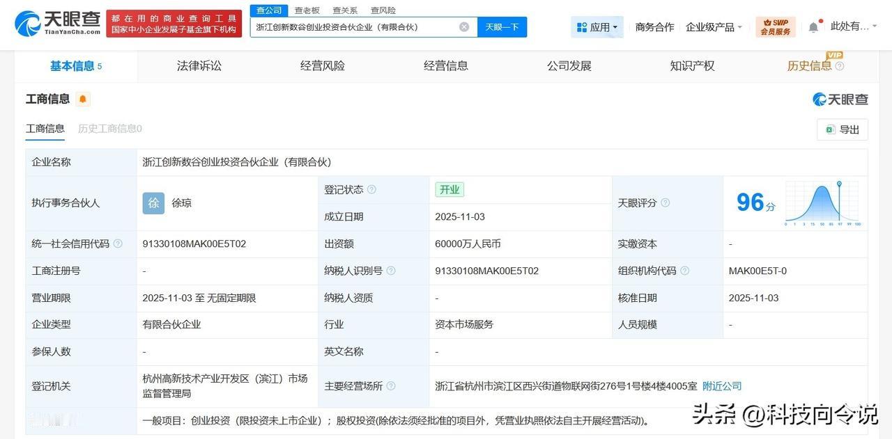 【蚂蚁集团等成立创新数谷创业投资合伙企业 出资额6亿】
天眼查工商信息显示，近日