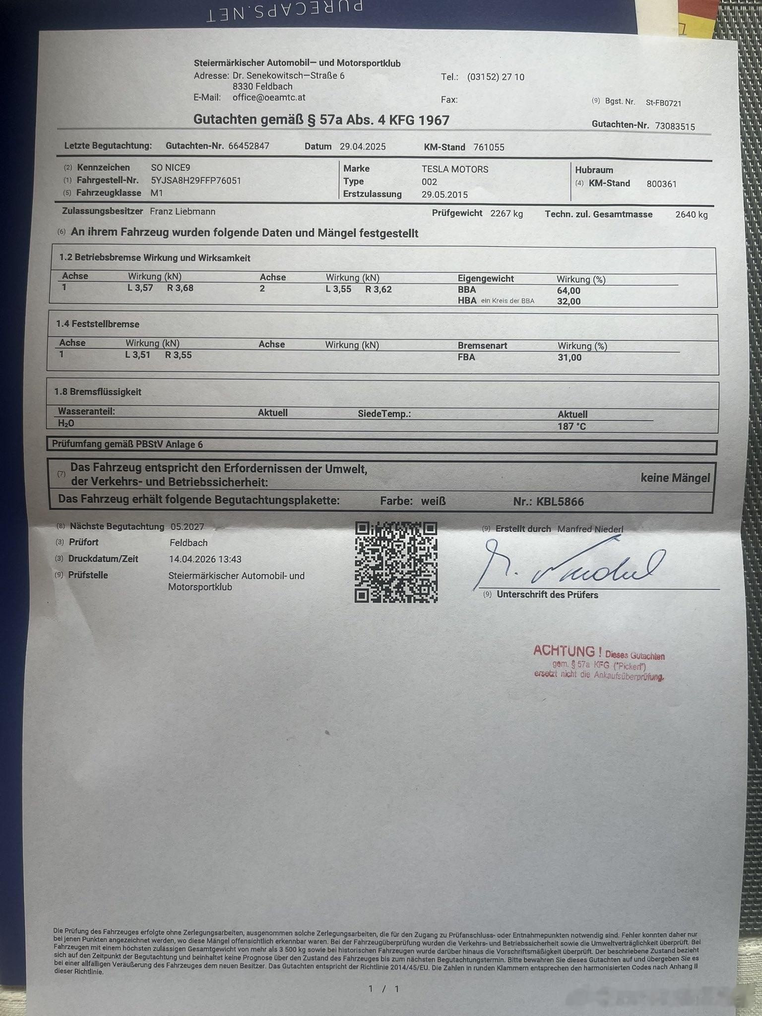 有奥地利网友晒出了他的Model S的年检报告，2015年注册，11年开了80万