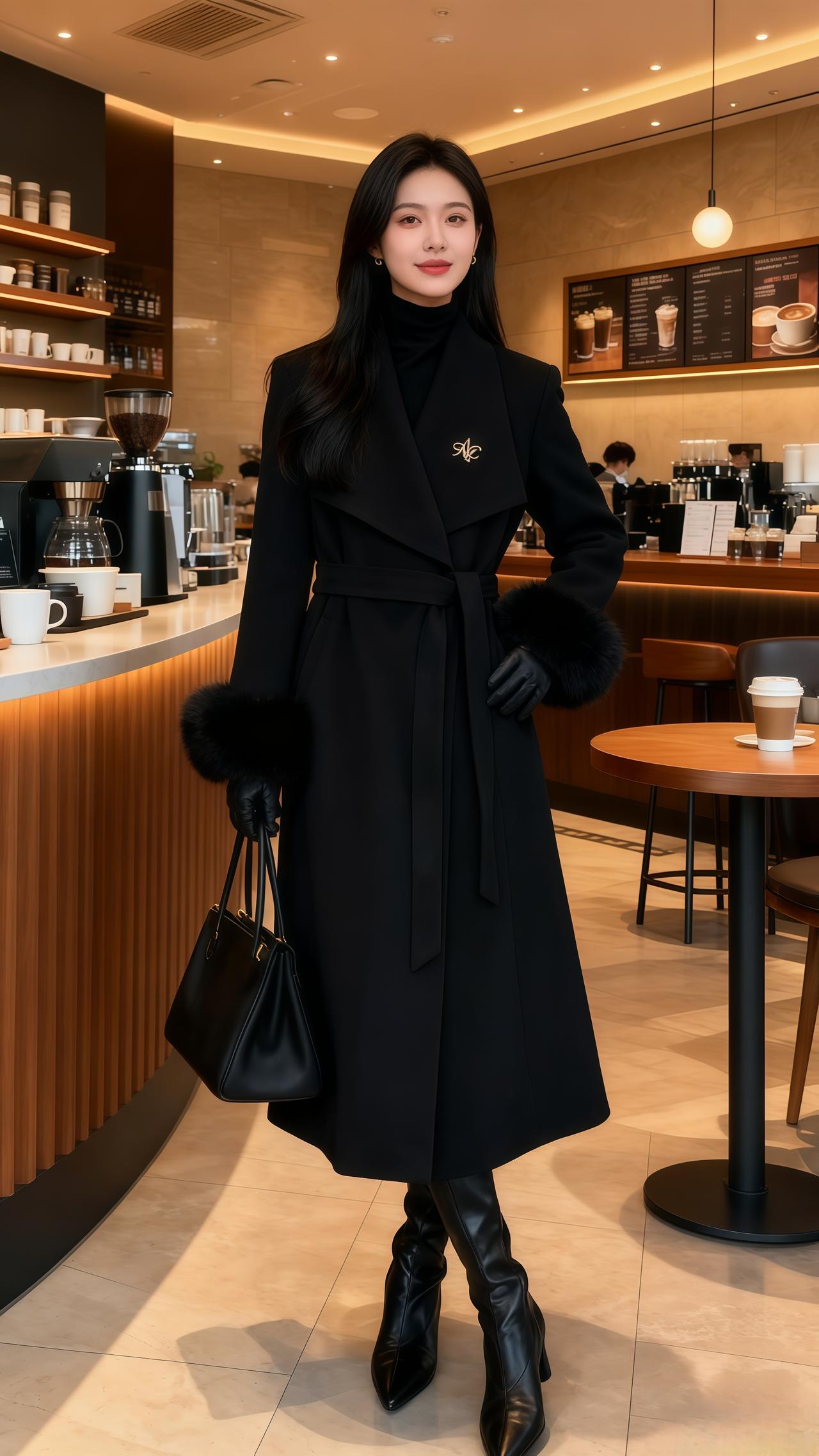 韩系穿搭 大衣外套 穿搭 冬季搭配 黑色高级感穿搭