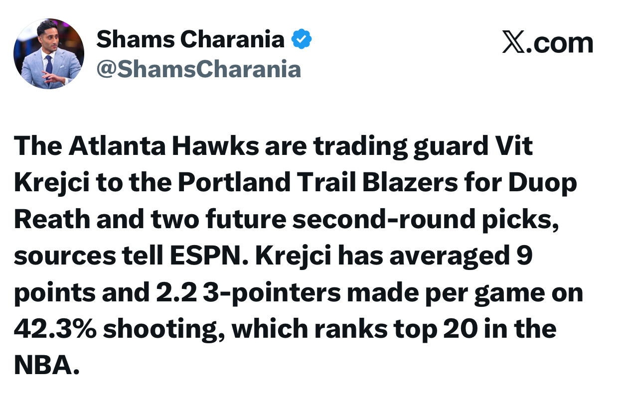 小杨老朋友杜普里斯被交易至老鹰shams：亚特兰大老鹰队将后卫维特克雷伊奇交易至