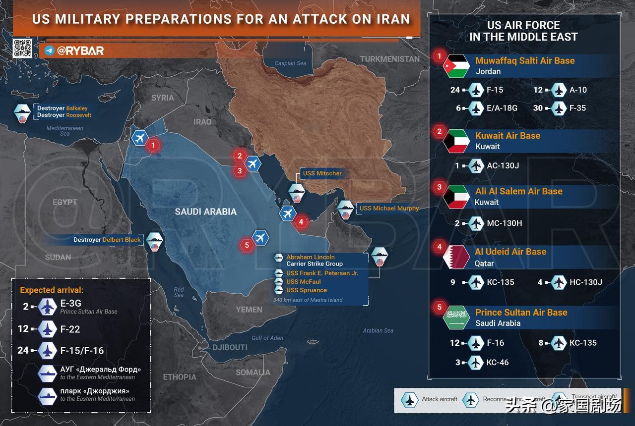 更新伊朗周围美军部署，包括：

林肯号打击群及附近的5艘驱逐舰

约旦驻扎的24