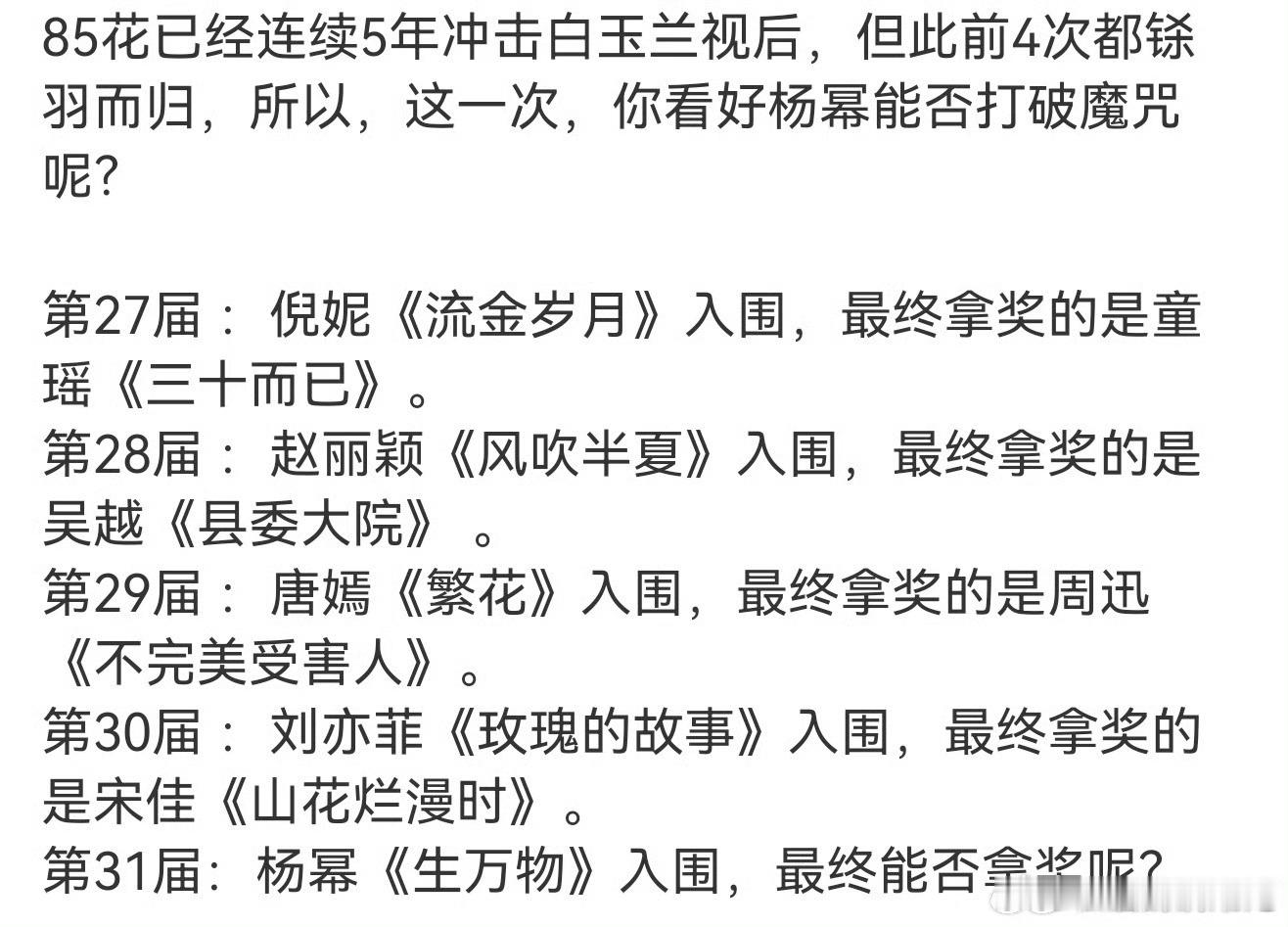 我们 85花永远不离不弃，五战白玉兰 