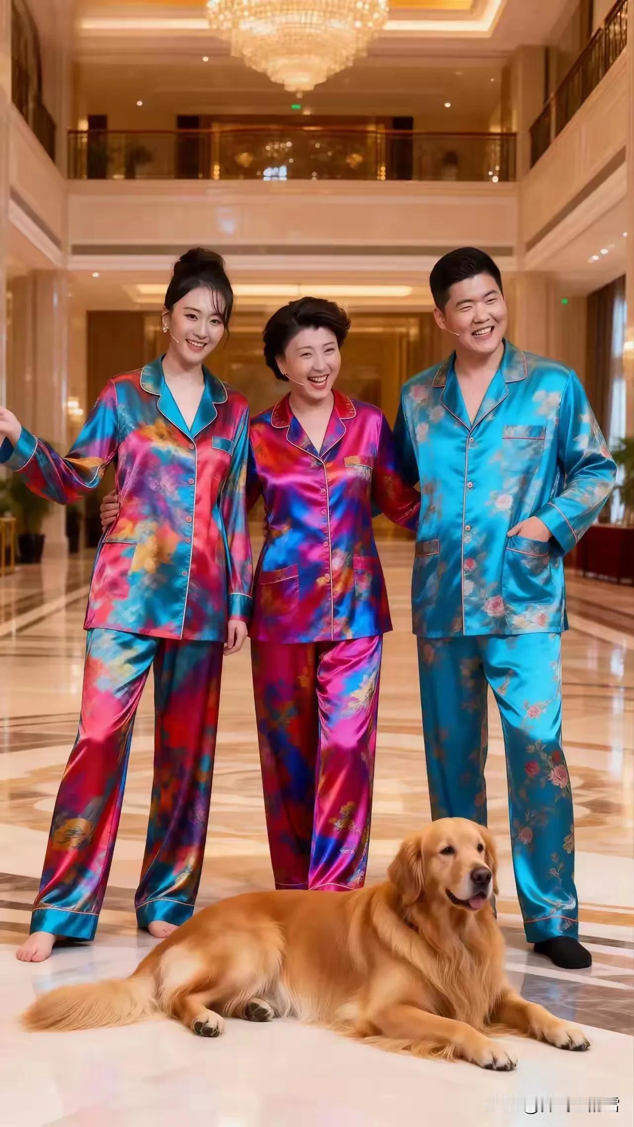 这么贵气、闪耀、放光的重磅真丝睡衣，不得上千元一套？！一人一套，想想都酸。[捂脸