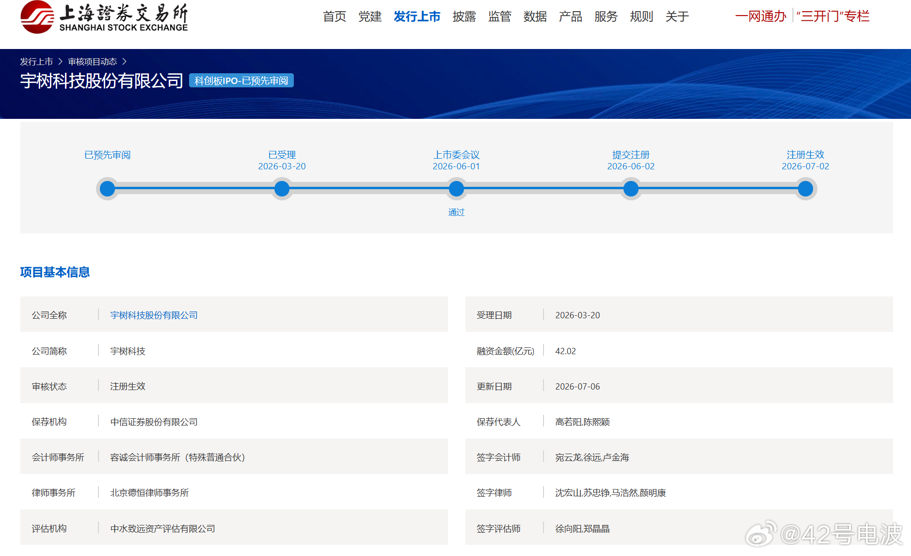 7 月 6 日，上交所官网显示，宇树科技股份有限公司科创板 IPO 注册生效。从