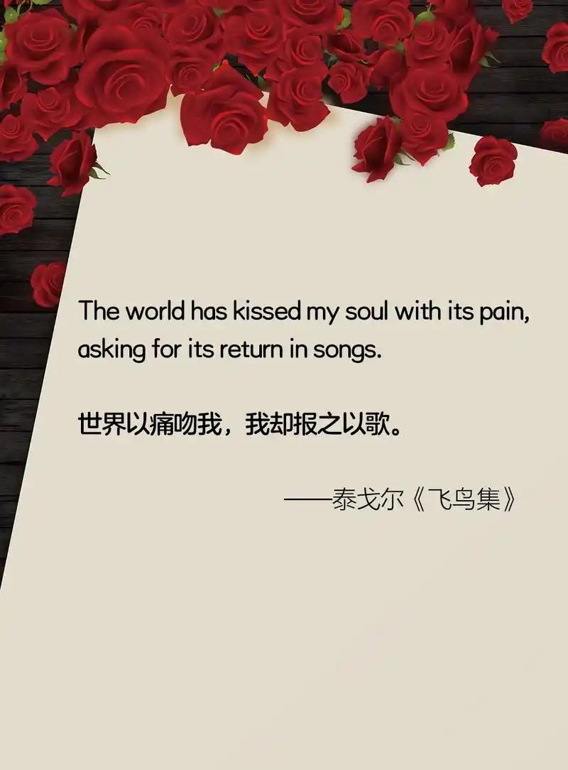 最近想起泰戈尔《飞鸟集》里那句：“世界以痛吻我，要我报之以歌。”
年轻时读到，只
