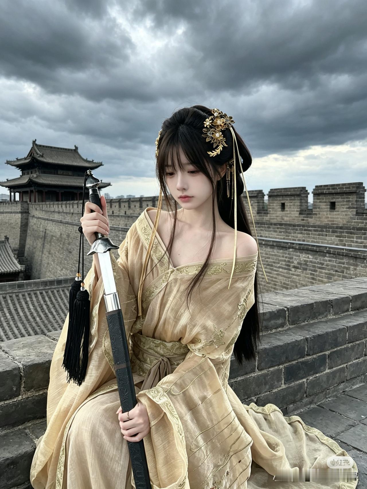 古风少女，手持长剑，倚靠城墙，云雾缭绕，唯美如画。甜系古风少女 古风女孩壁纸 执