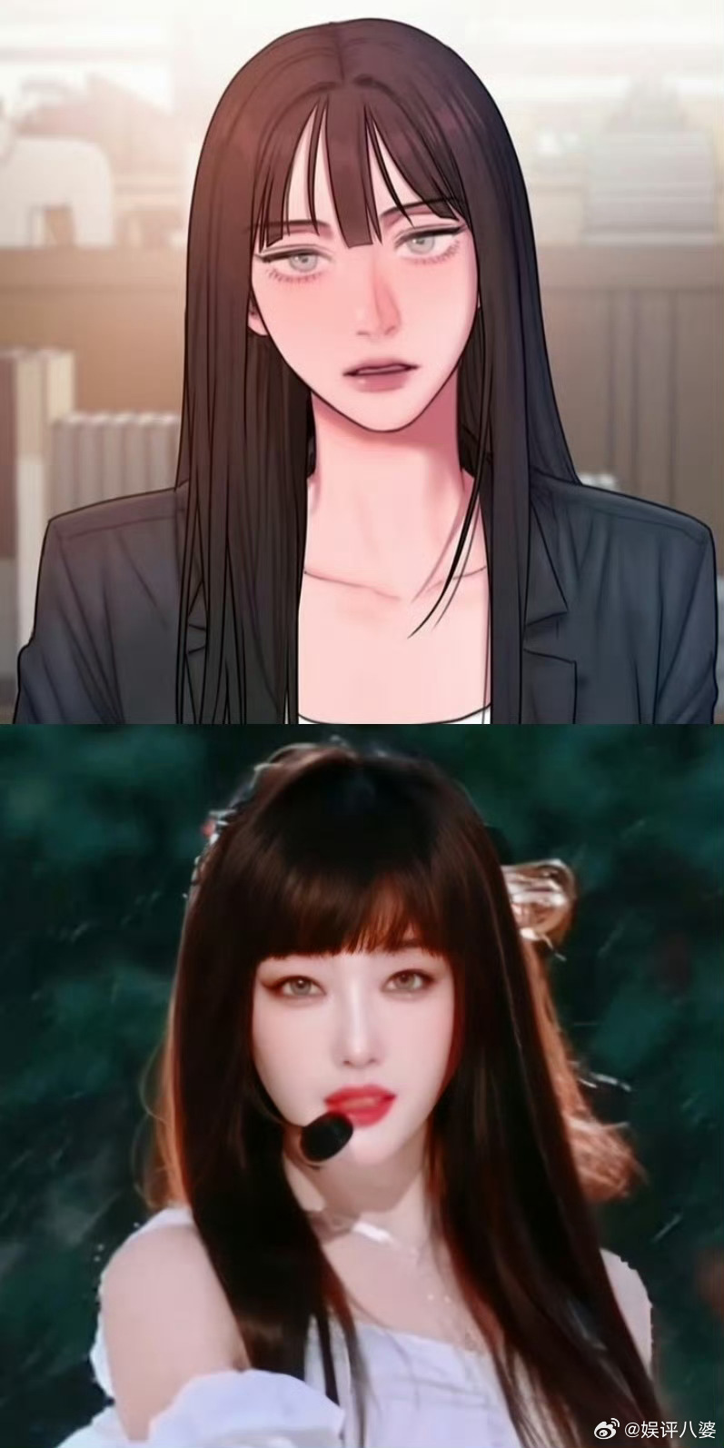 家人们谁懂啊!蒋梦婕简直是江尤娜真人再现，杏仁眼、流畅面部轮廓都超像，黑长直造型