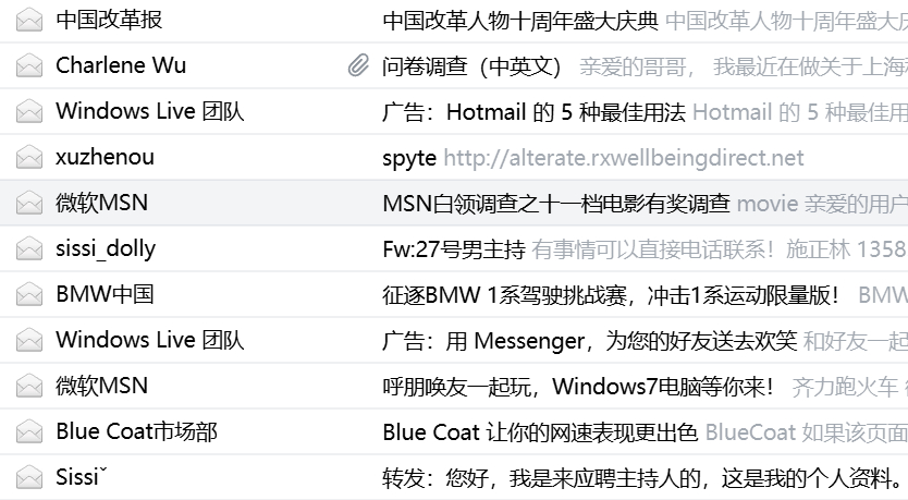 翻到了我以前的MSN的备份邮箱09年的时候有广告，会议邀请，应聘人投的简历等等等