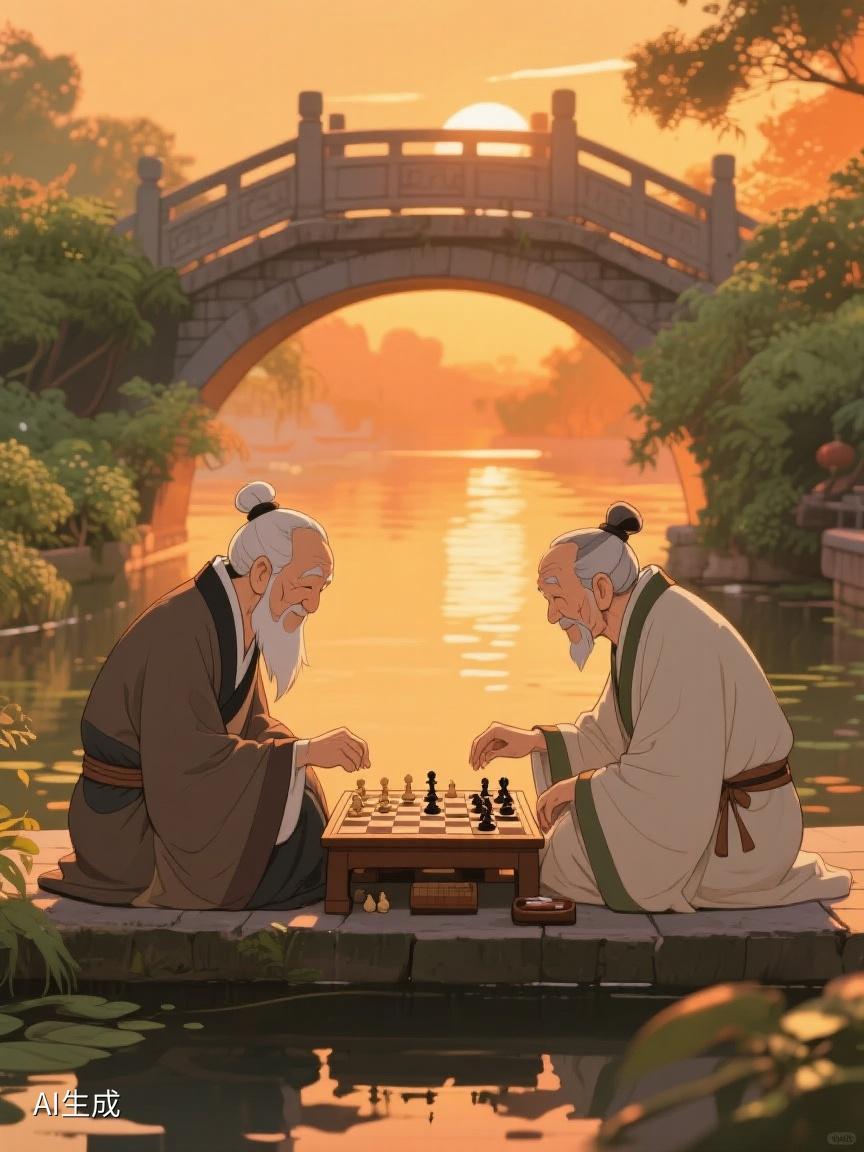 AI妙生图夕阳下，桥边河畔，棋局对弈。于时光慢处，寻心之宁静，悟岁月悠然。