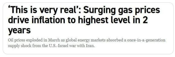 【Politico 报道，由于汽油价格上涨，美国遭遇两年来的最高通胀率。】根据美