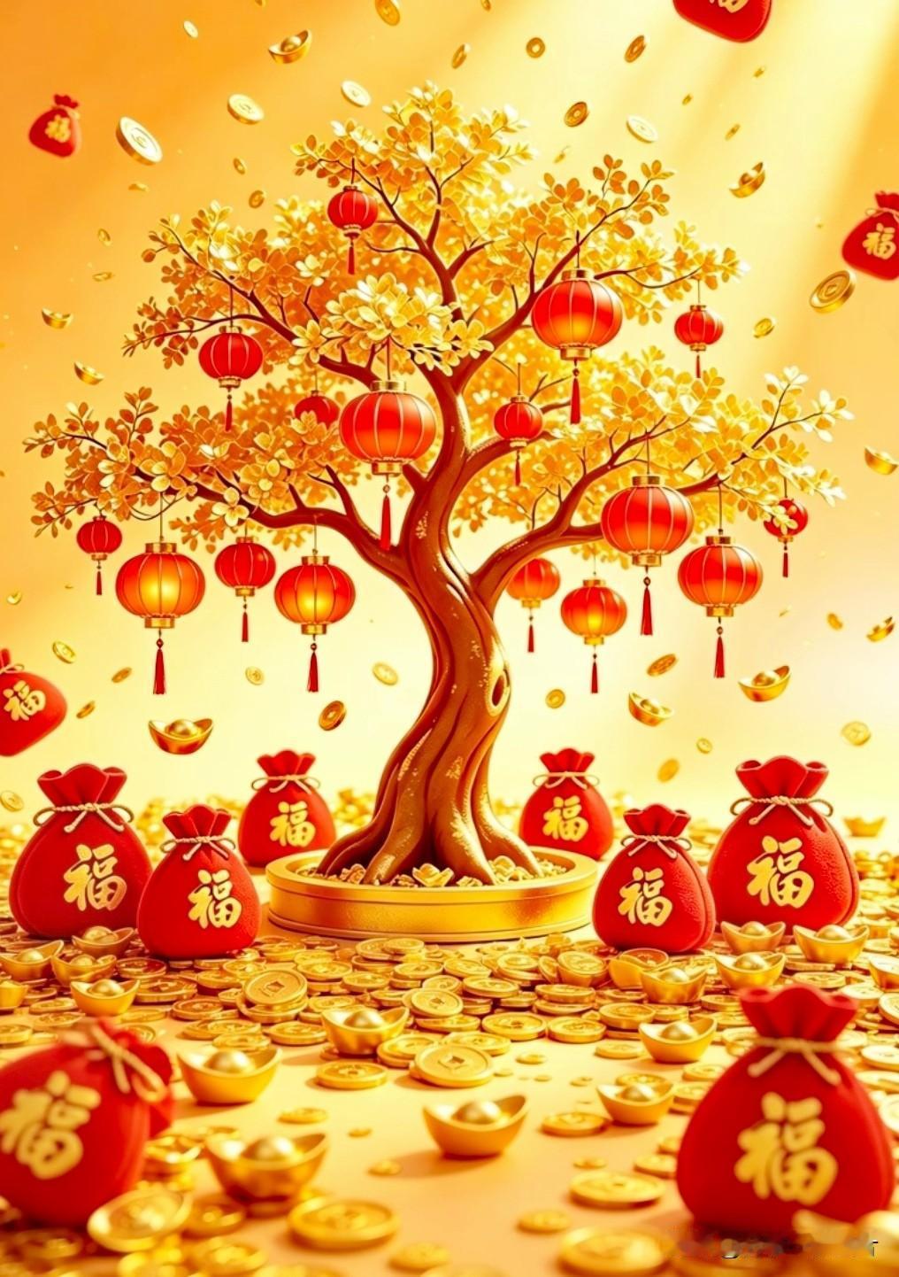 发财树常青，福袋聚安宁，元宝堆锦绣，财运伴平生。