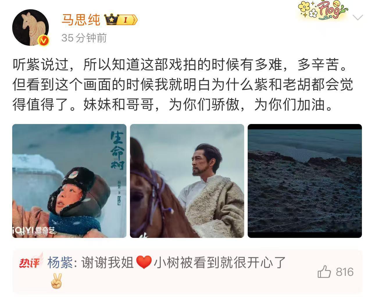 杨紫马思纯的友情杨紫对马思纯说谢谢我姐杨紫回复马思纯说谢谢我姐，友谊长存 