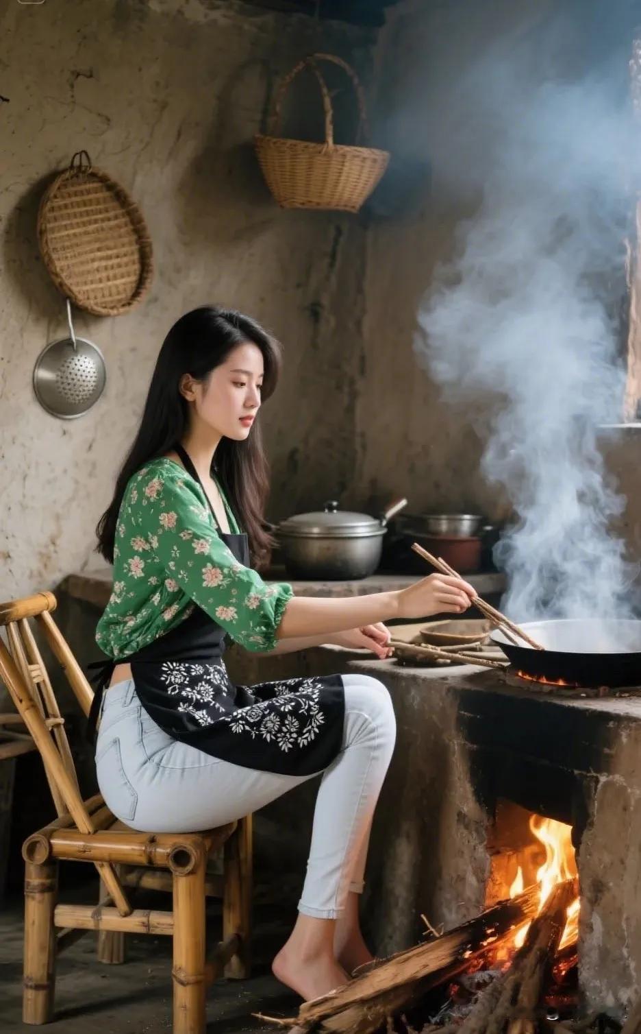 在古朴的厨房里，她用竹筷翻炒着热气腾腾的美食，散发着家的温暖。