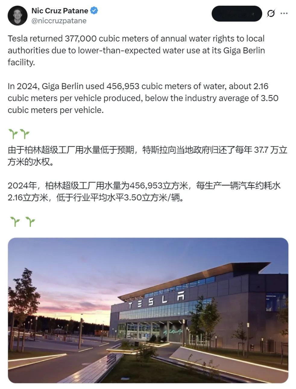 平均每生产一辆Model Y耗水仅2.16立方米，特斯拉柏林超级工厂单车耗水量远