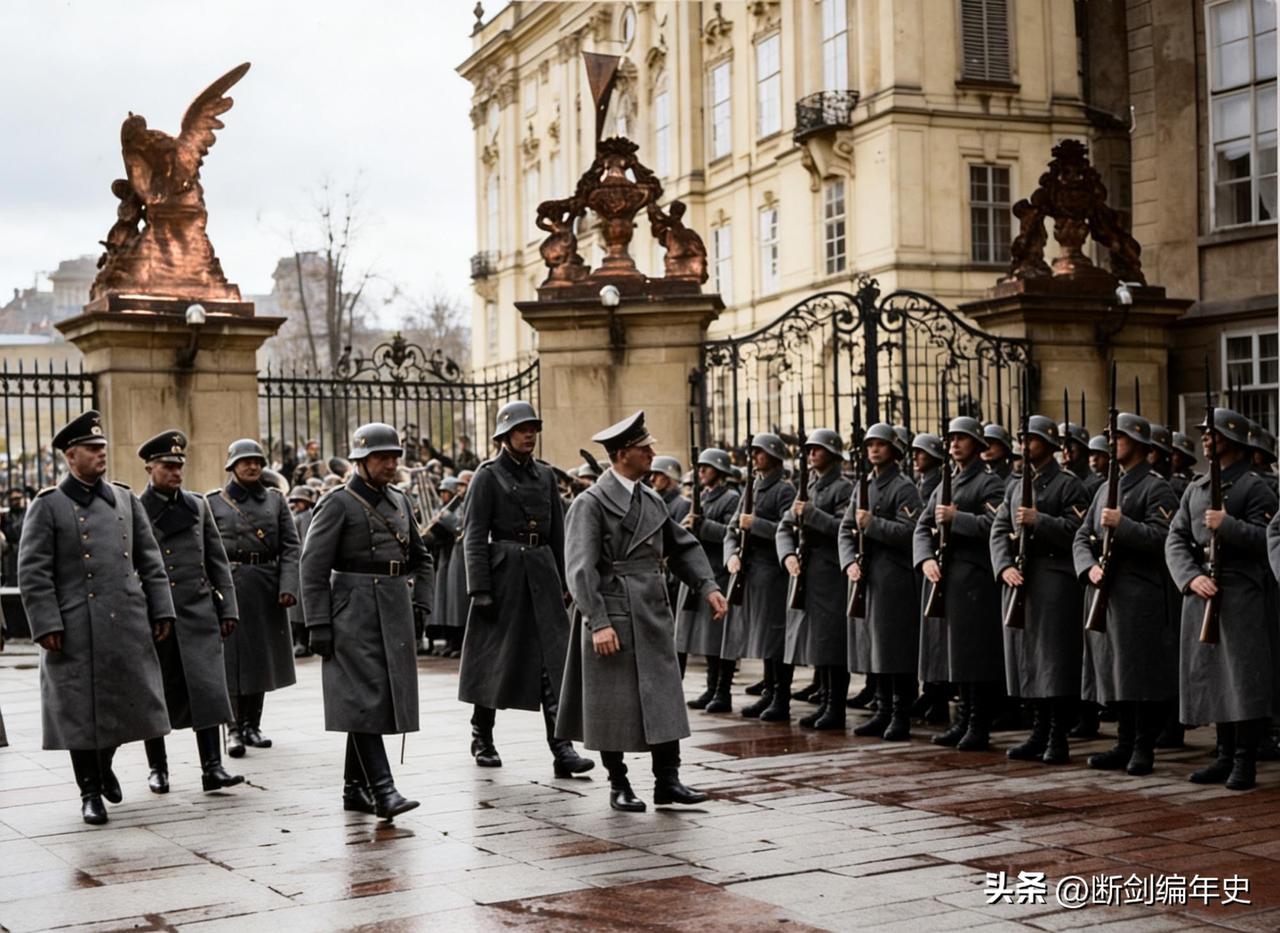 1939年3月15日，德军占领布拉格。当天，希特勒来到布拉格城堡前的广场，检阅了