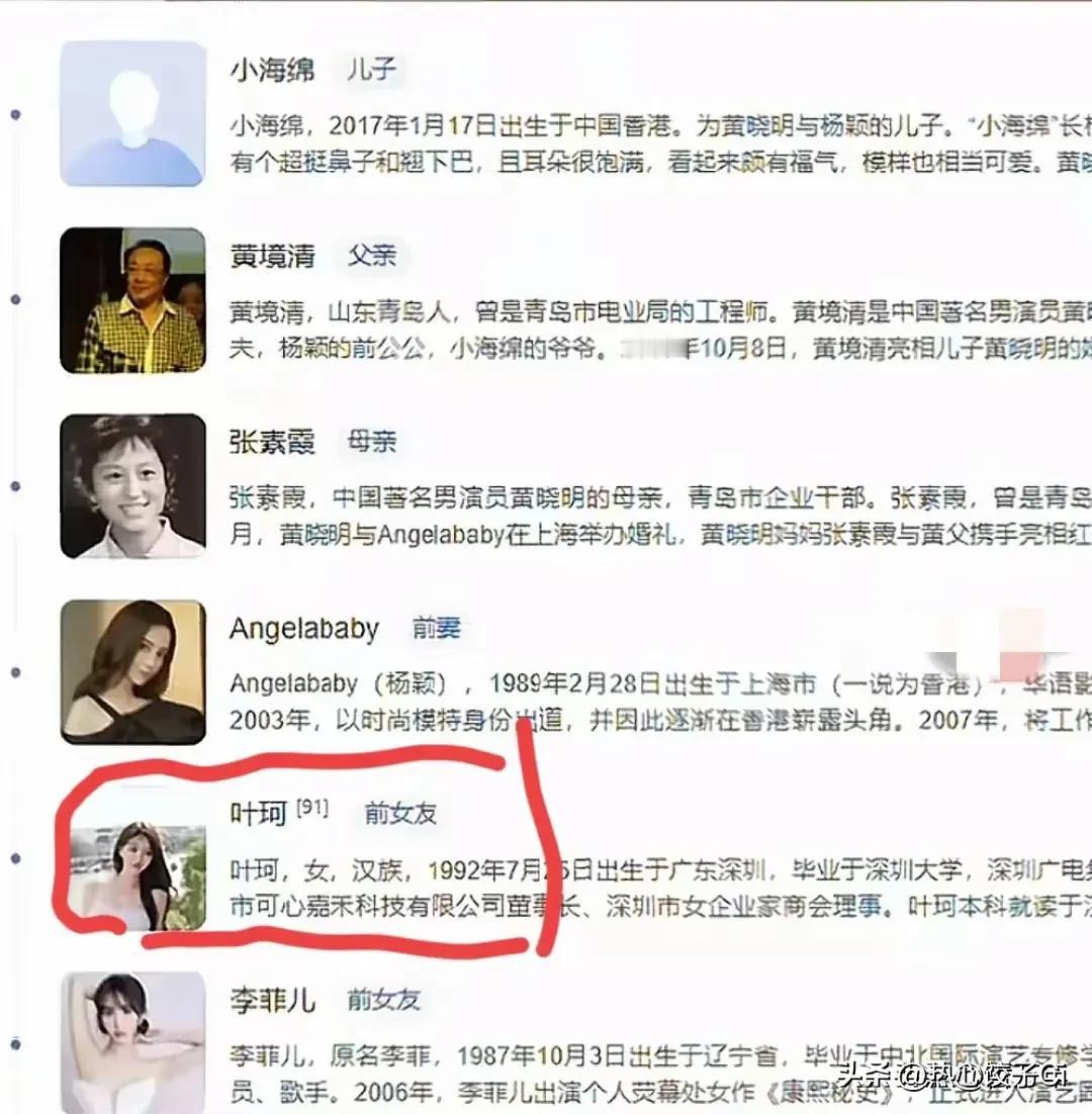 虽然叶柯已退网，但各种传闻，也没停。12月2日，有媒体发现黄晓明百科人物关系已显