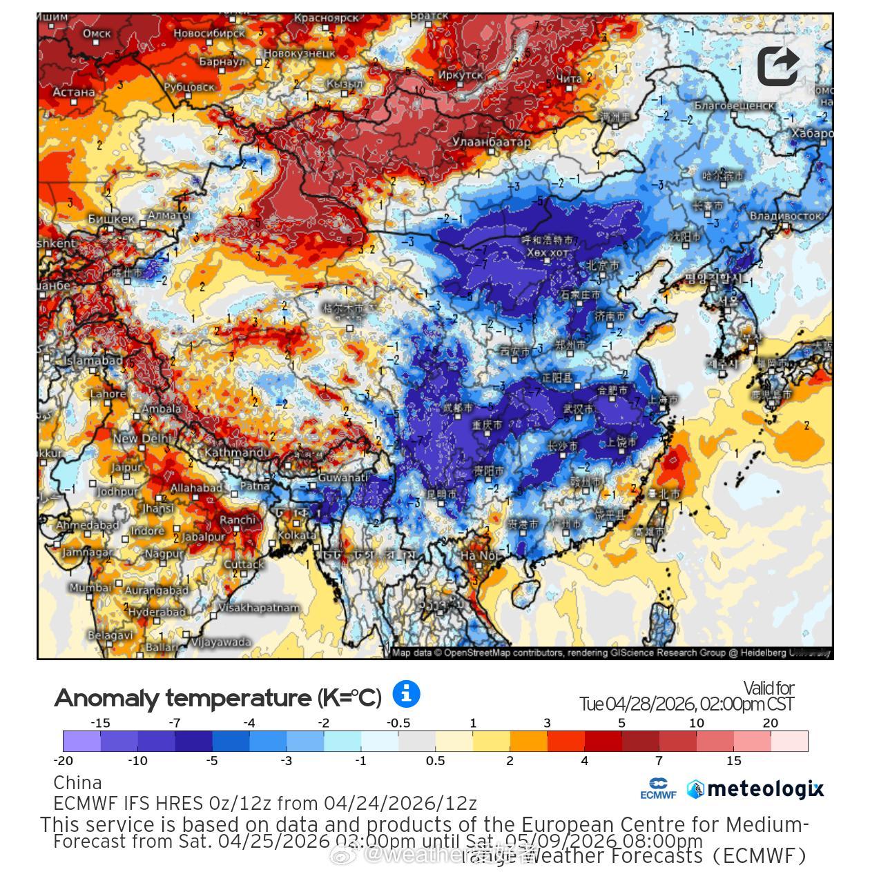 【冷空气活跃】预计4月底至5月3日，受冷空气影响，西北、华北及黄淮等地气温将下降