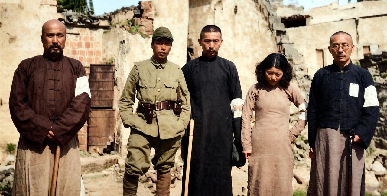 1938年5月，安徽含山县几名戴着白色袖标的汉奸和一个鬼子兵的合影。此时的含山刚