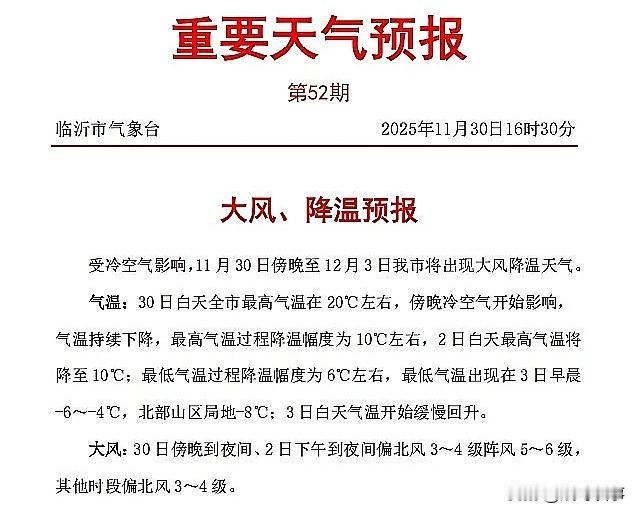 速冻模式开启！临沂气温骤降超10℃，低温直逼-8℃，这些提醒请收好！

最新天气