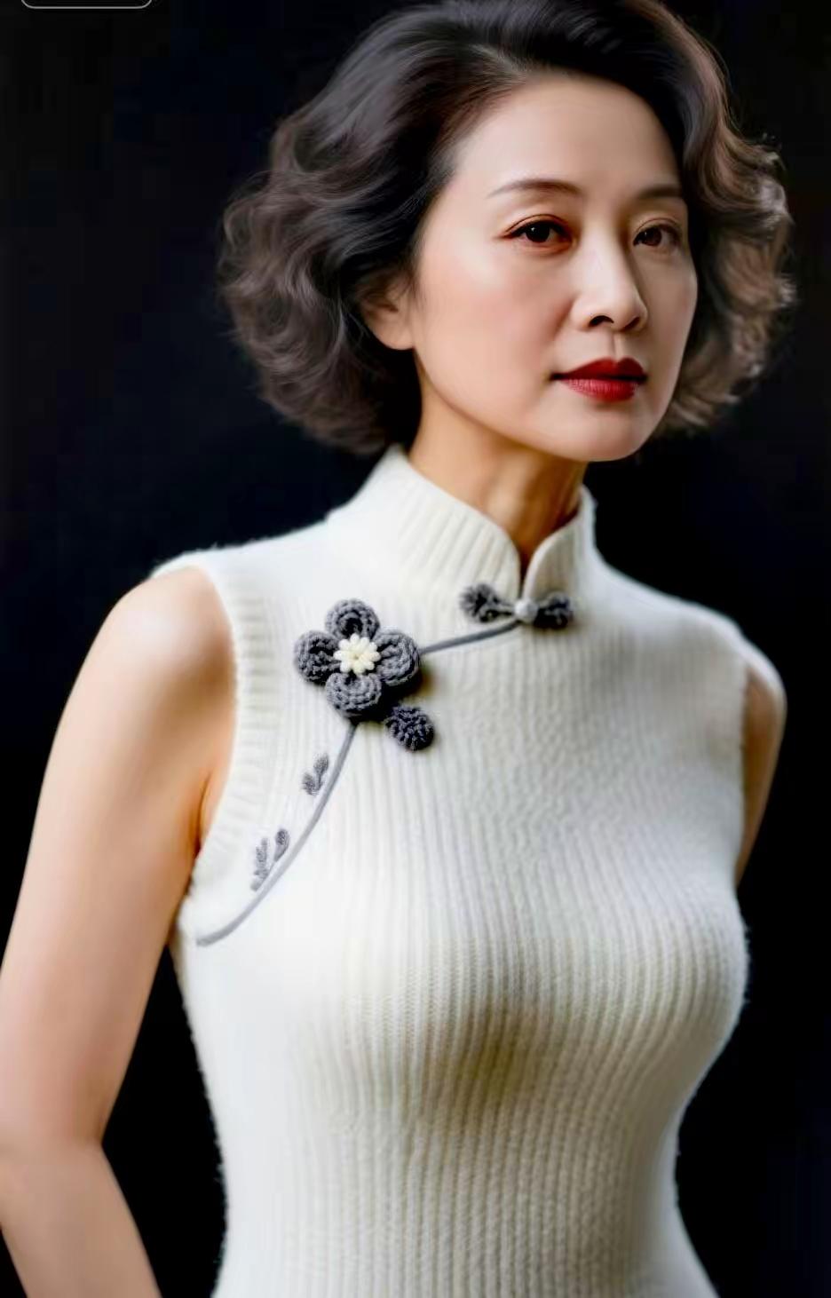 这位女士穿着优雅的白色上衣，真好看！