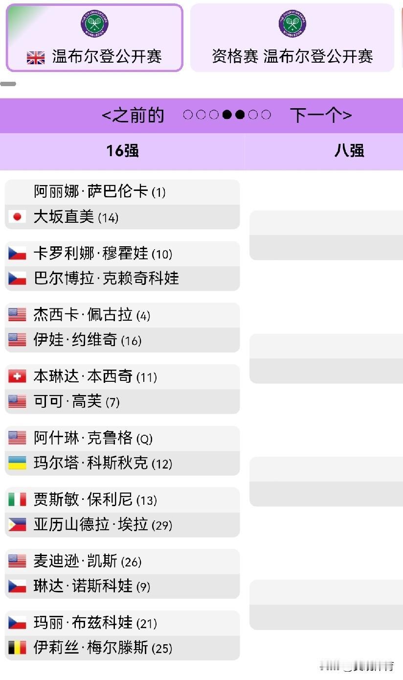 温网女单1/8决赛对阵图

上半区：
阿丽娜·萨巴伦卡 (1)
大坂直美 (14