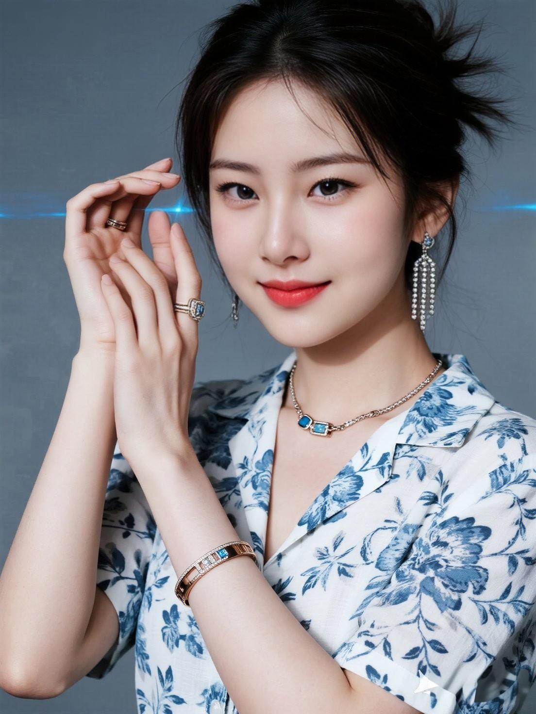 优雅蓝花裙搭配精致首饰，气质满分！🌸✨