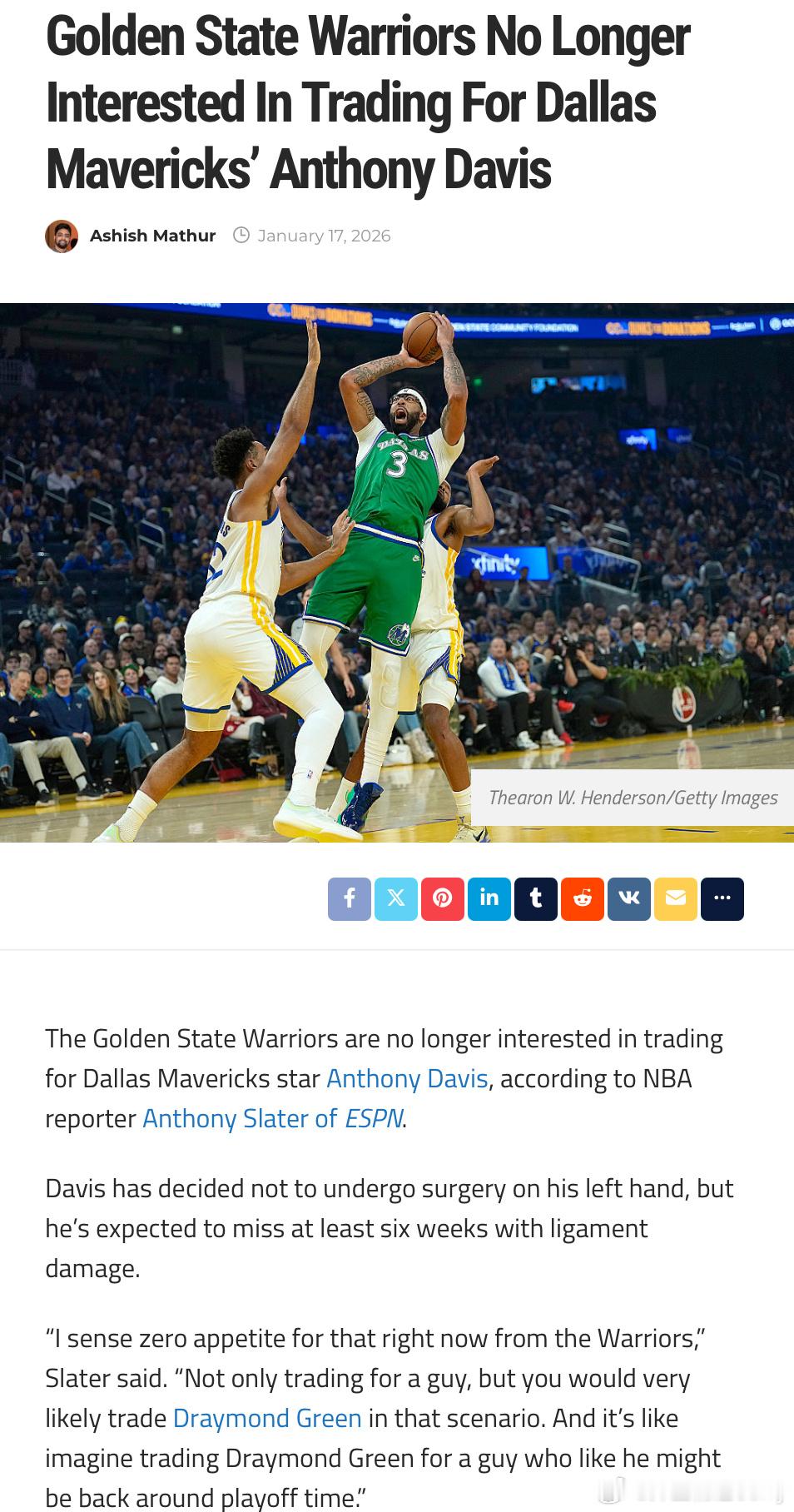 Anthony Slater：勇士对浓眉不再有兴趣。“我察觉到勇士目前对此完全没