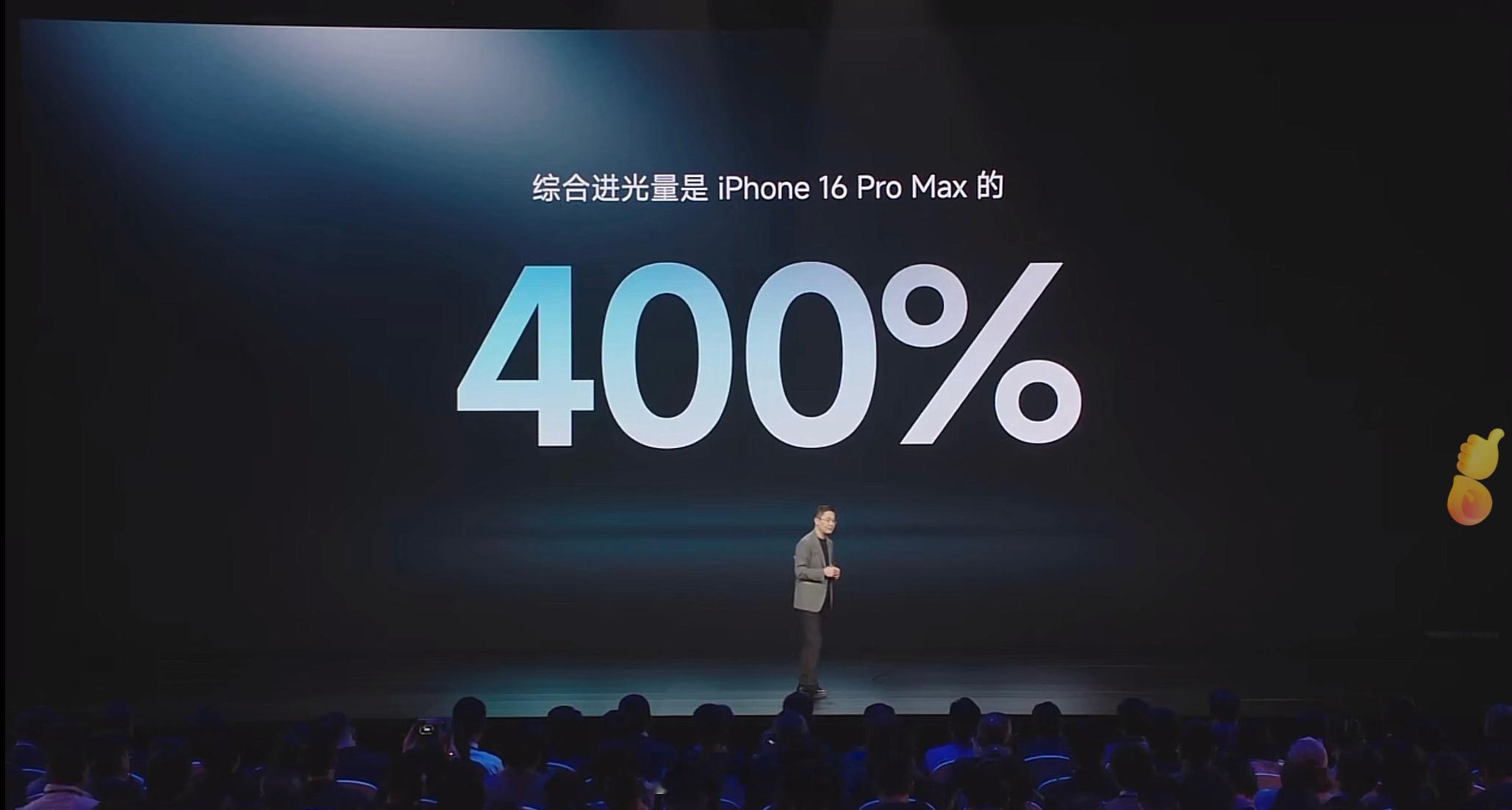 小米15Ultra综合进光量是 iPhone 16 Pro Max 的400%，