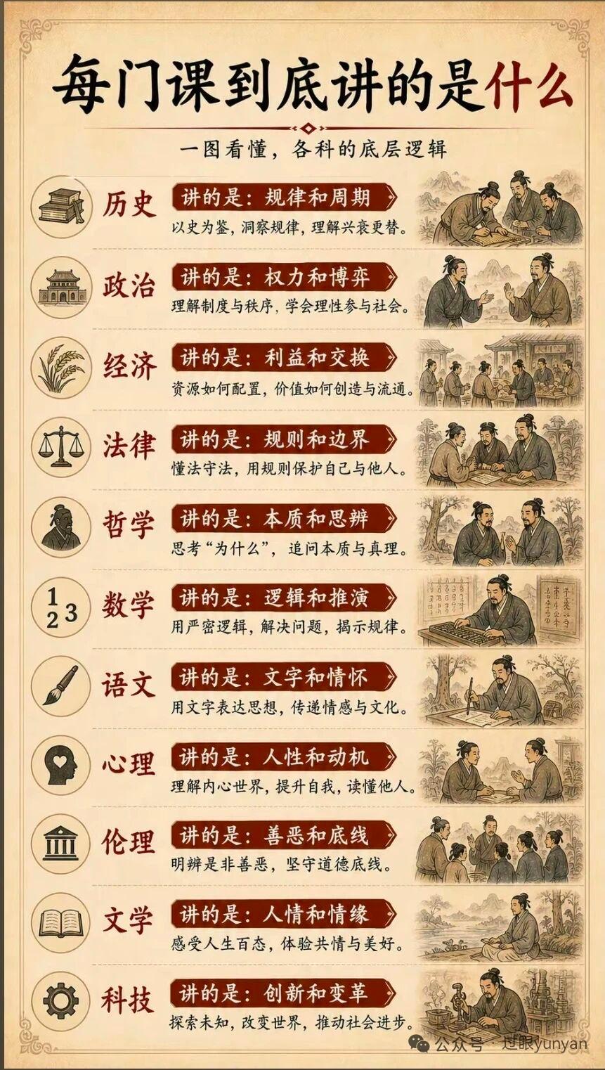 不同课程的底层逻辑各有不同：

以数学为例，它是一门研究数量、结构、变化以及空间