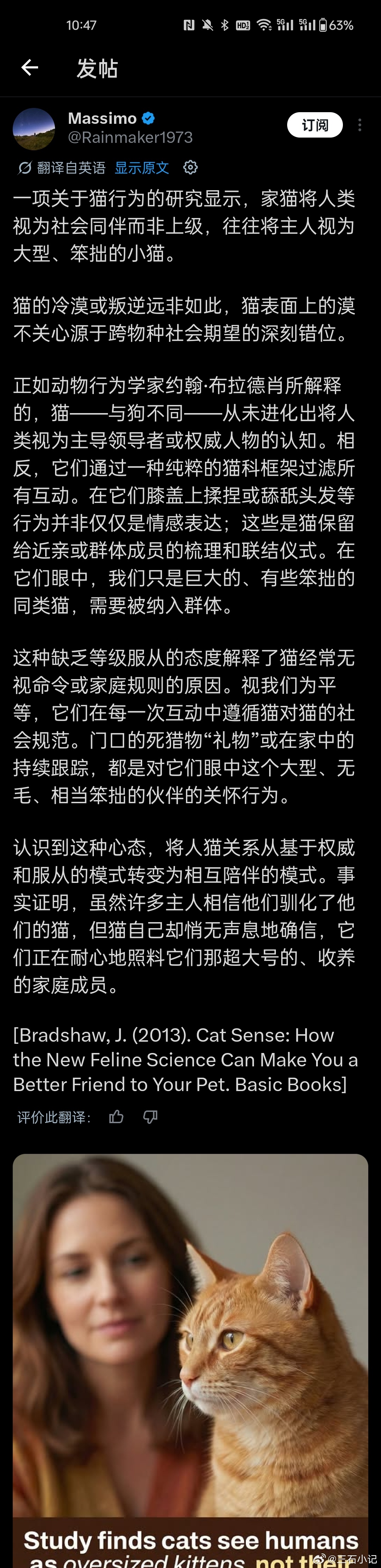 猫把你看成大型笨拙的小猫，而非主人。 