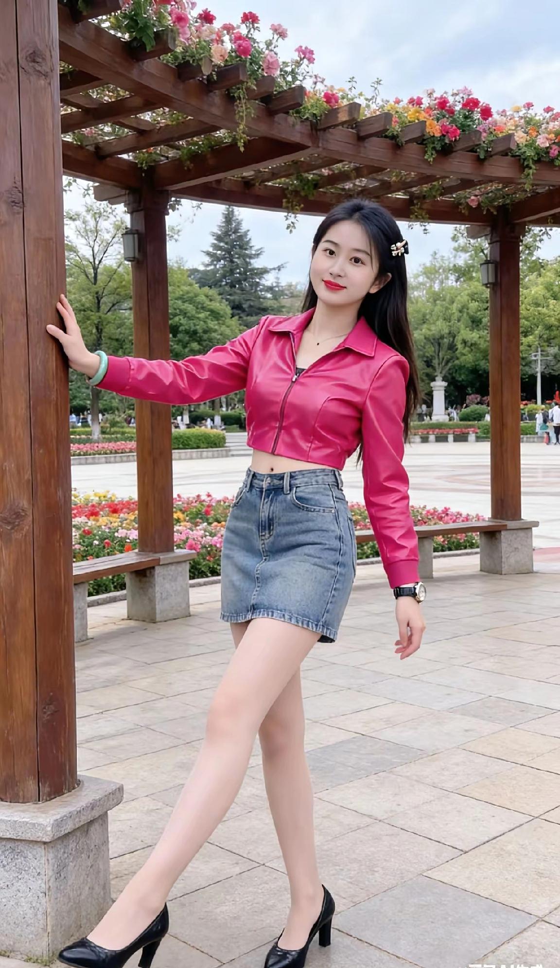 粉色皮夹克搭配牛仔短裙，活力满满！