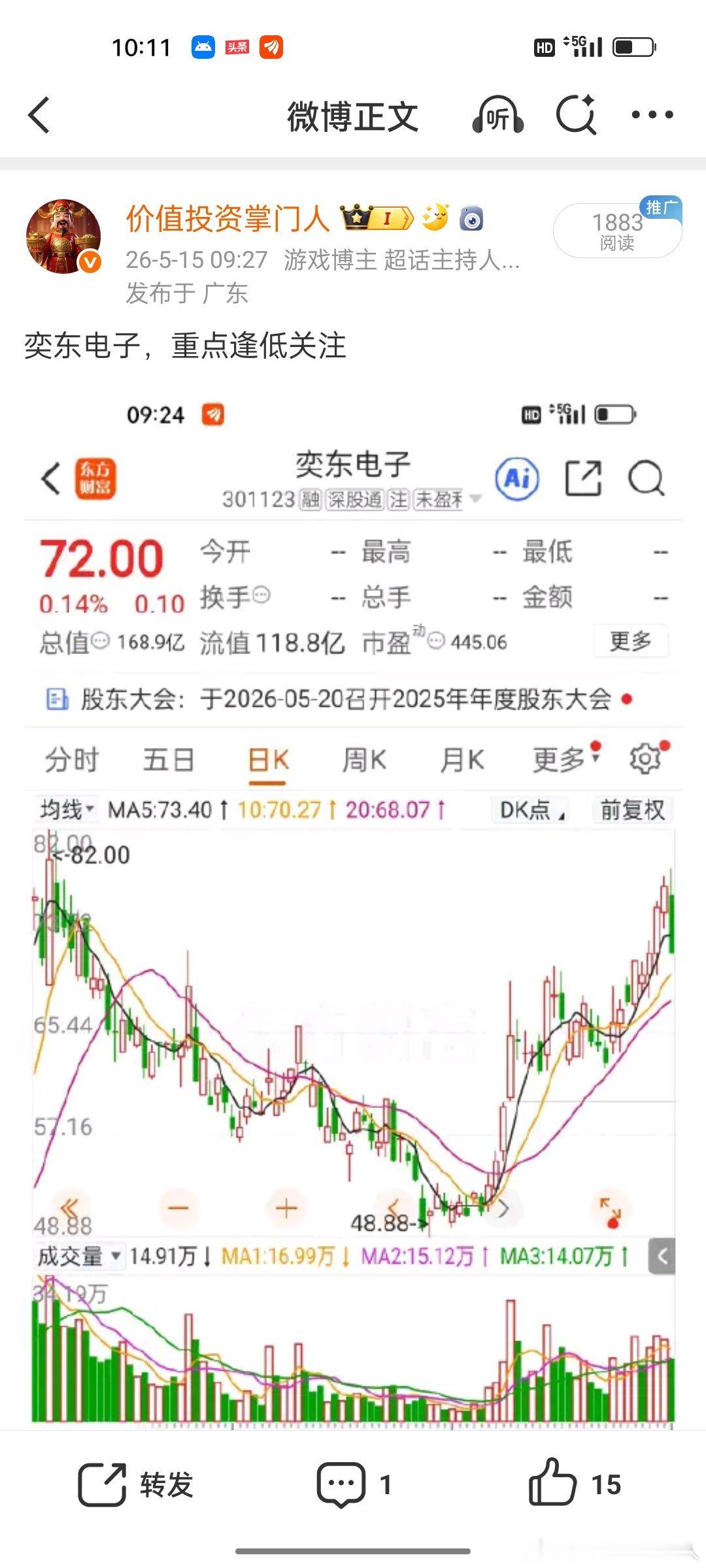 奕东电子今天大涨，走势很强，觉得能涨停的扣178。 