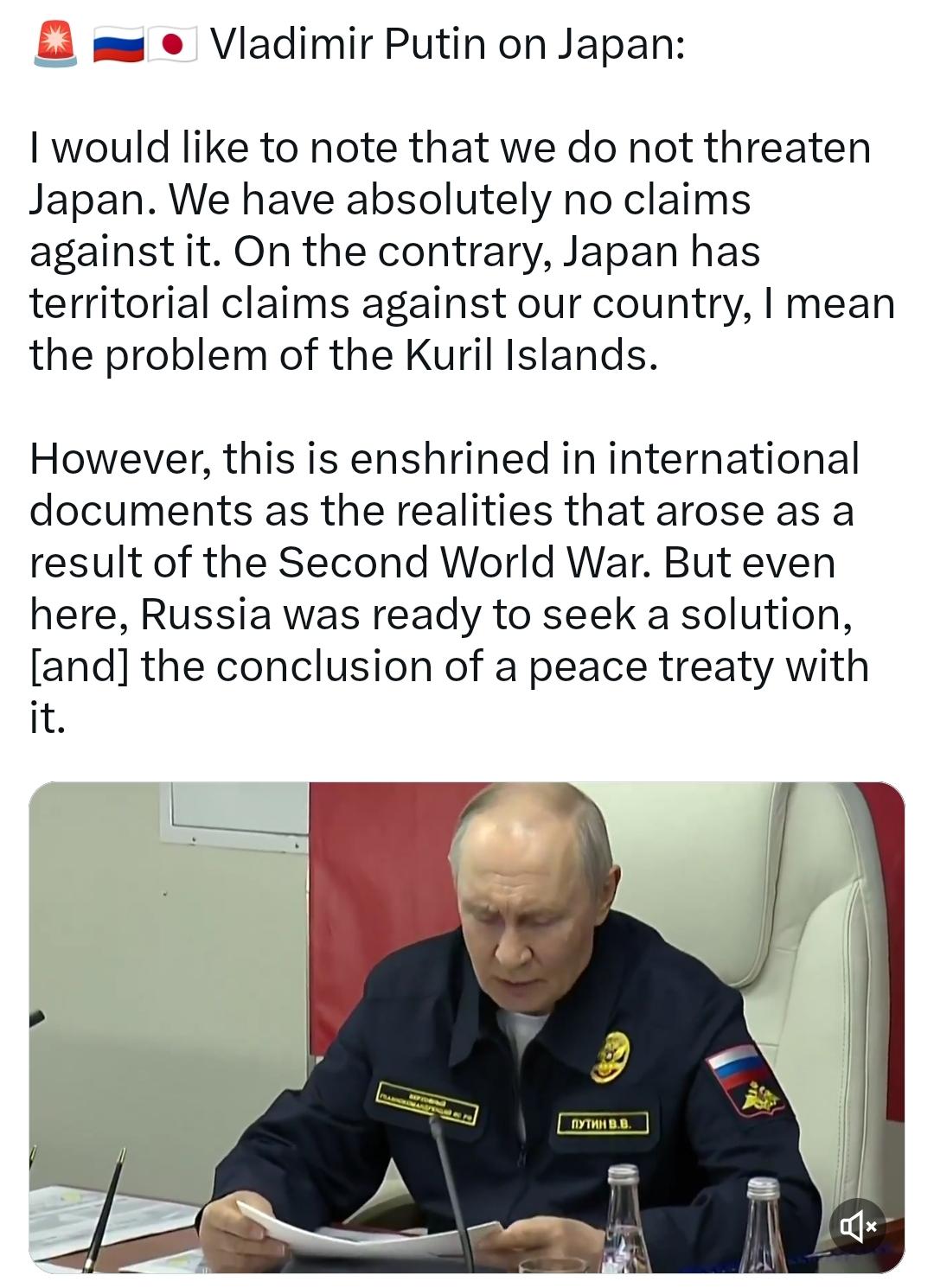 俄罗斯总统普京针对日本发表了讲话：
我想指出，我们并没有威胁日本。我们对日本完全