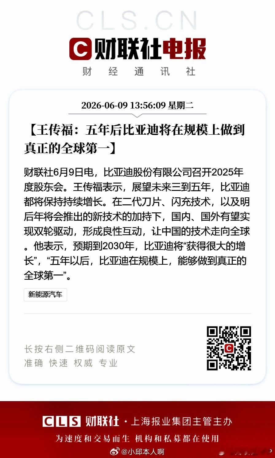 比亚迪股东大会定调：未来三到五年持续增长，并剑指2030年全球产销规模第一。王传