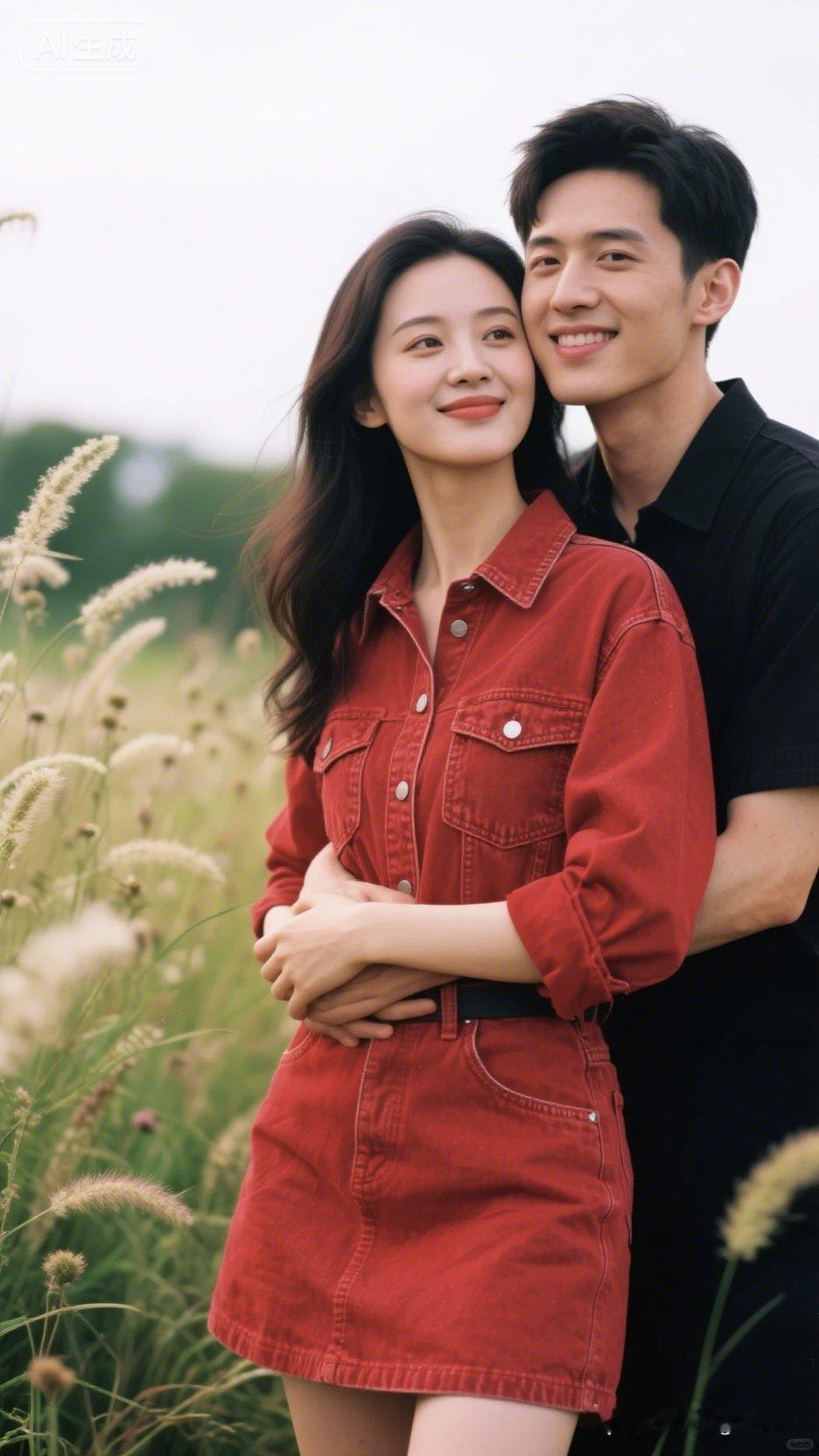 甜蜜情侣照，红衣少女与黑衣少年在花田中拥抱，幸福满满！🌸💏