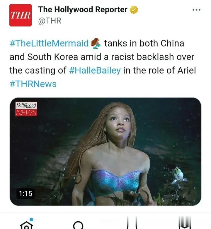 美国，
今日好莱坞报道，
挑动族群斗族群又开始了：
因电影“小美人鱼”在中韩卖不