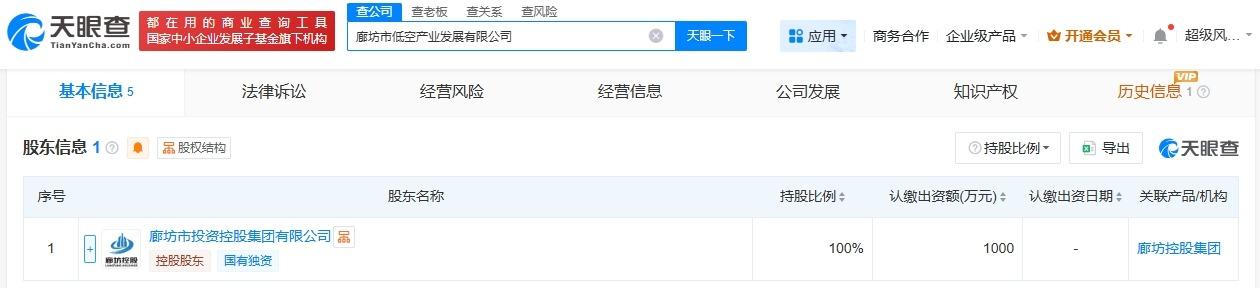 廊坊控股集团成立低空产业发展公司注册资本1000万
天眼查App显示，近日，廊坊
