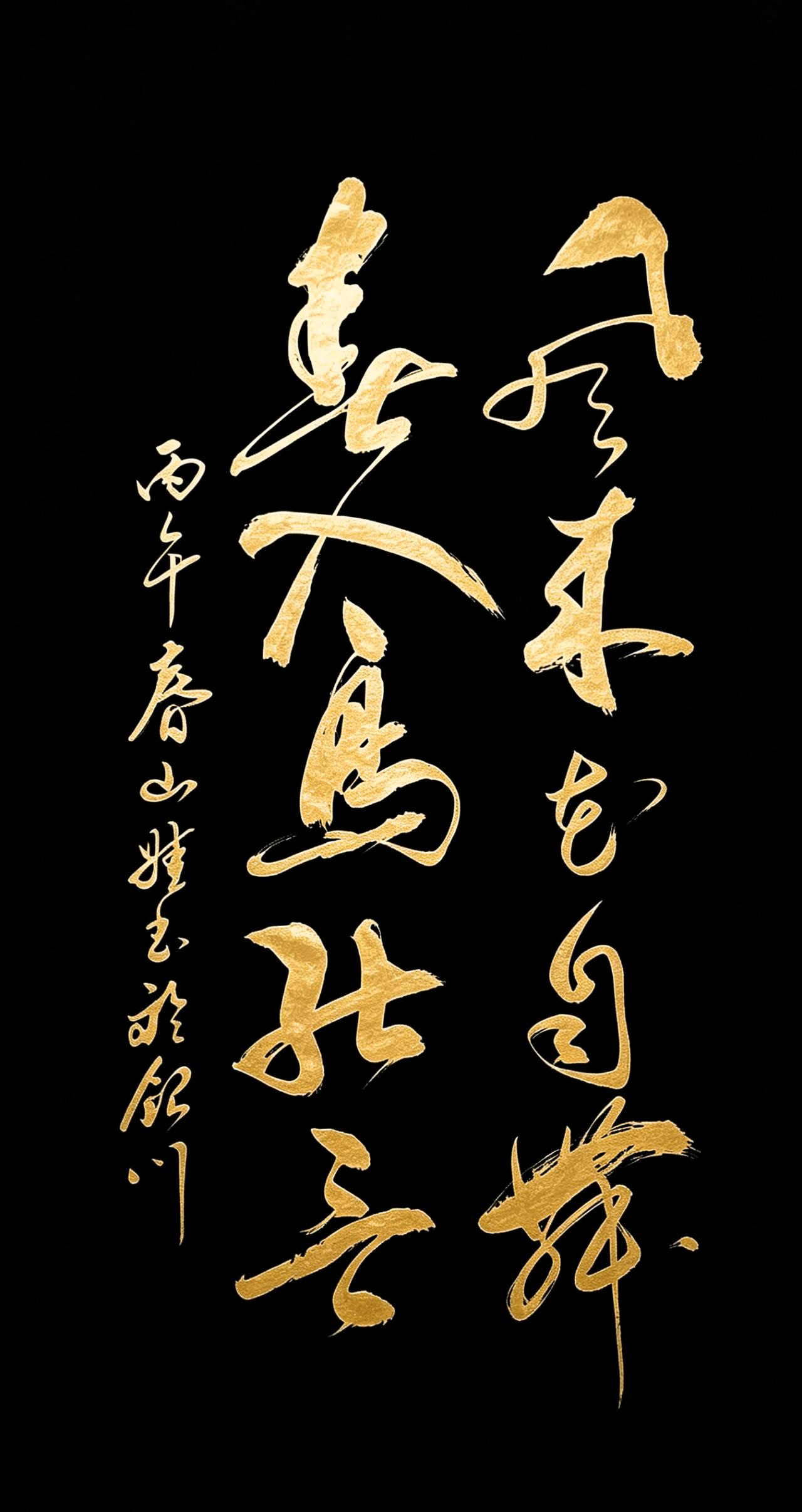 一眼沦陷！真的被这幅书法作品狠狠拿捏了！
黑如夜的底色，搭配鎏金质感的笔触，每一