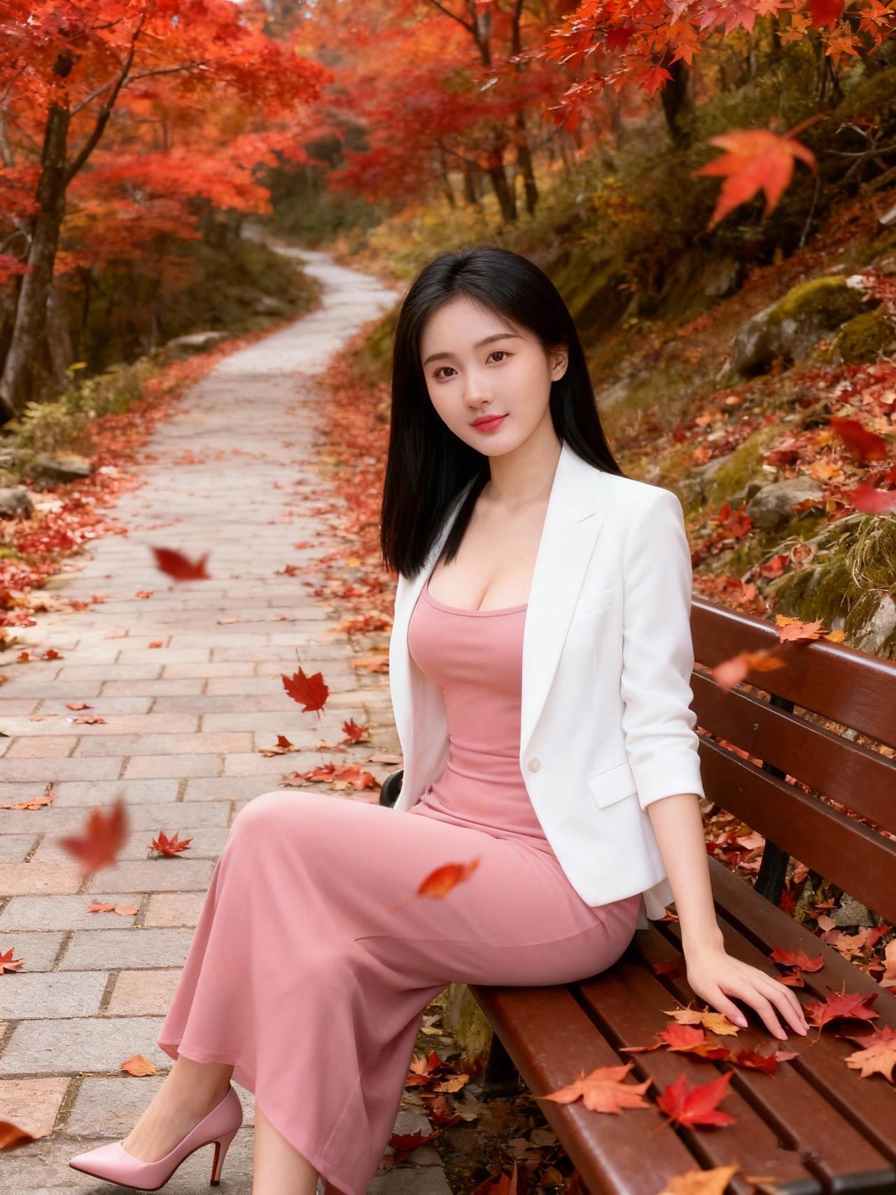 《秋亭》
丹枫纷落染苔阶，
素袂轻偎粉黛开。
坐对秋光人似玉，
一风一叶入眉来