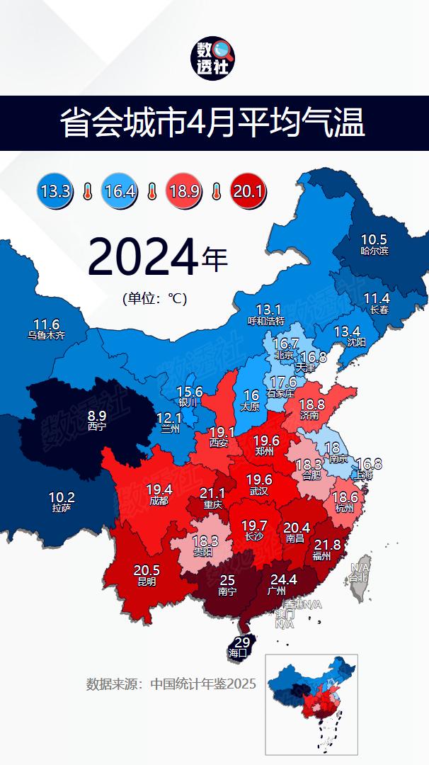 省会城市4月平均气温