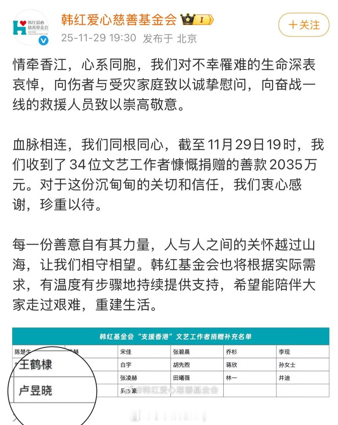 卢昱晓为香港捐款 