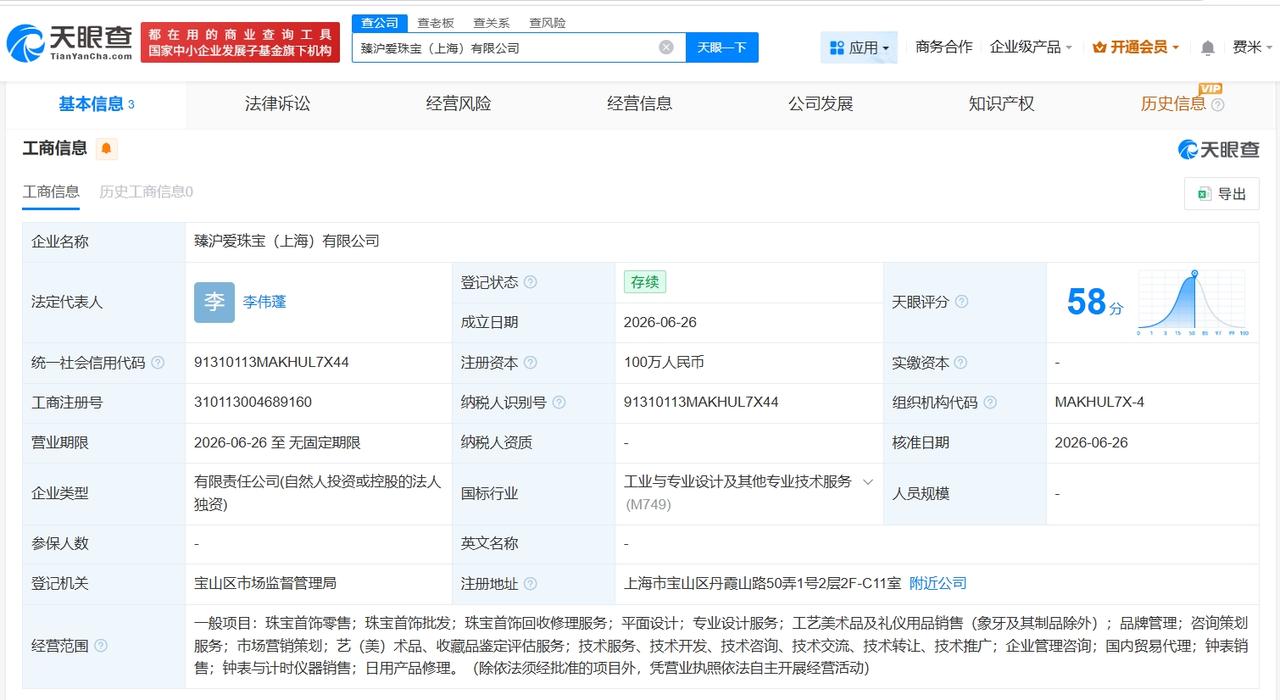 周六福在上海成立新珠宝公司 注册资本100万
天眼查App显示，近日，臻沪爱珠宝